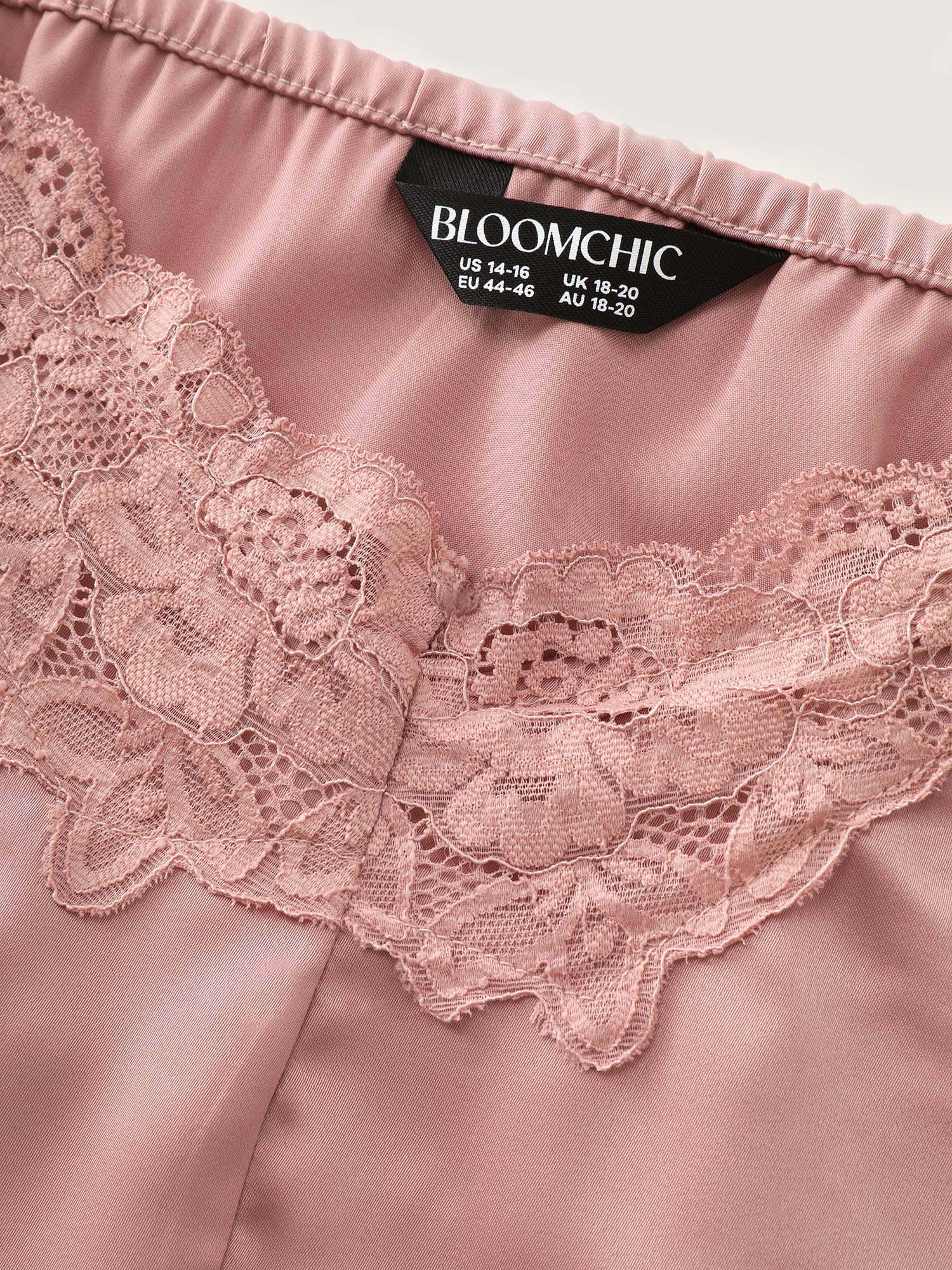 Side view of BloomChic Women's Plus Size Satin Floral Lace Neckline Lounge Set Watermelon Else Sleeveless Lace Trim 14-16/1X
