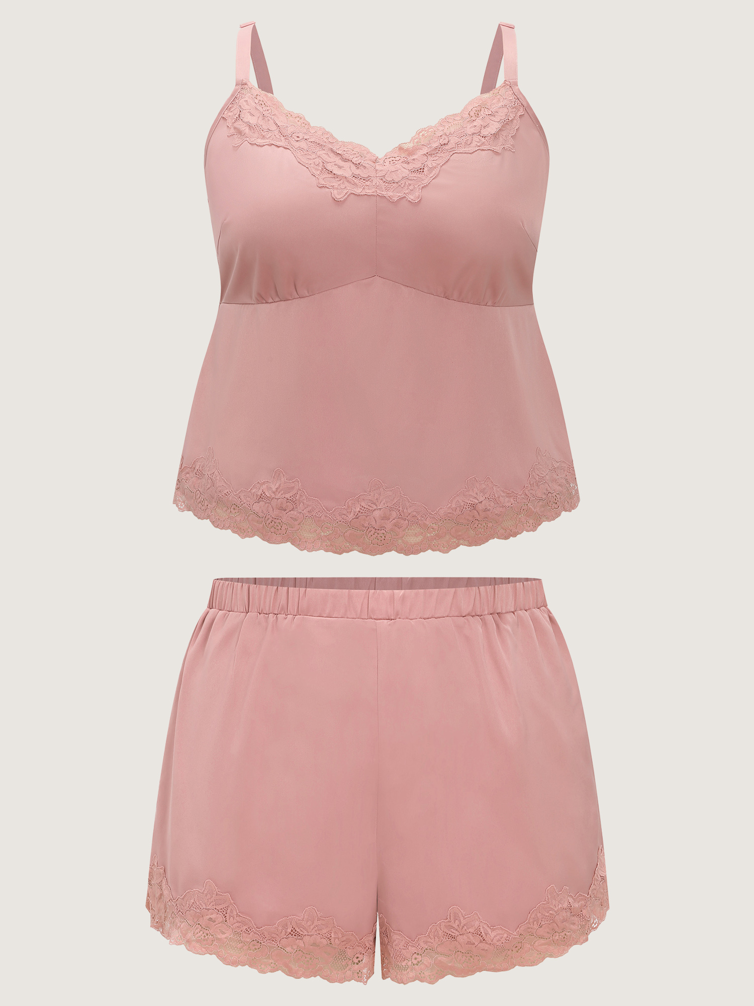 Side view of BloomChic Women's Plus Size Satin Floral Lace Neckline Lounge Set Watermelon Else Sleeveless Lace Trim 14-16/1X