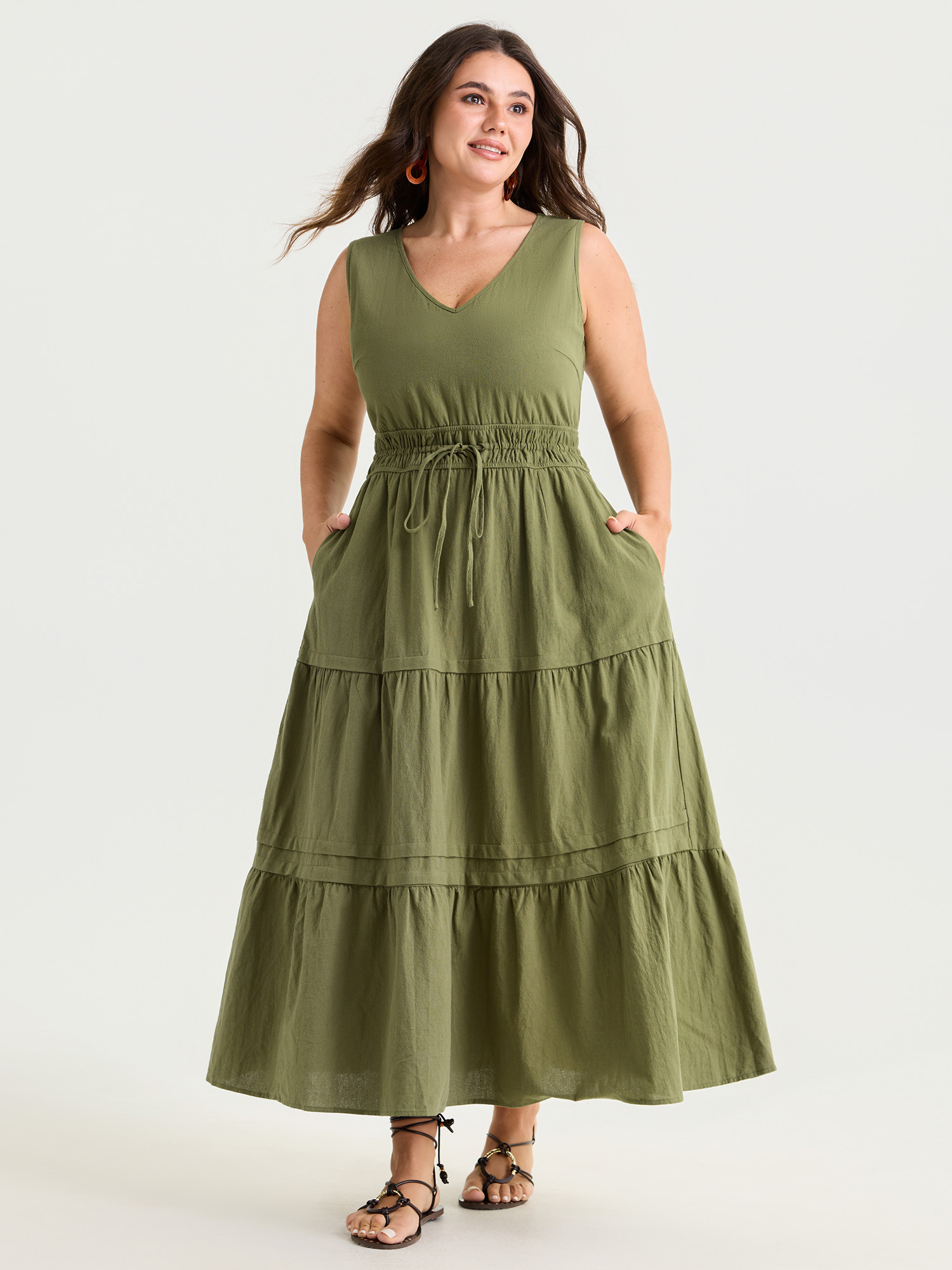 BloomChic Women's Plus Size Cotton Drawstring Waist Tiered Maxi Dress Moss Solid Maxi Vacation Bowknot 12/L