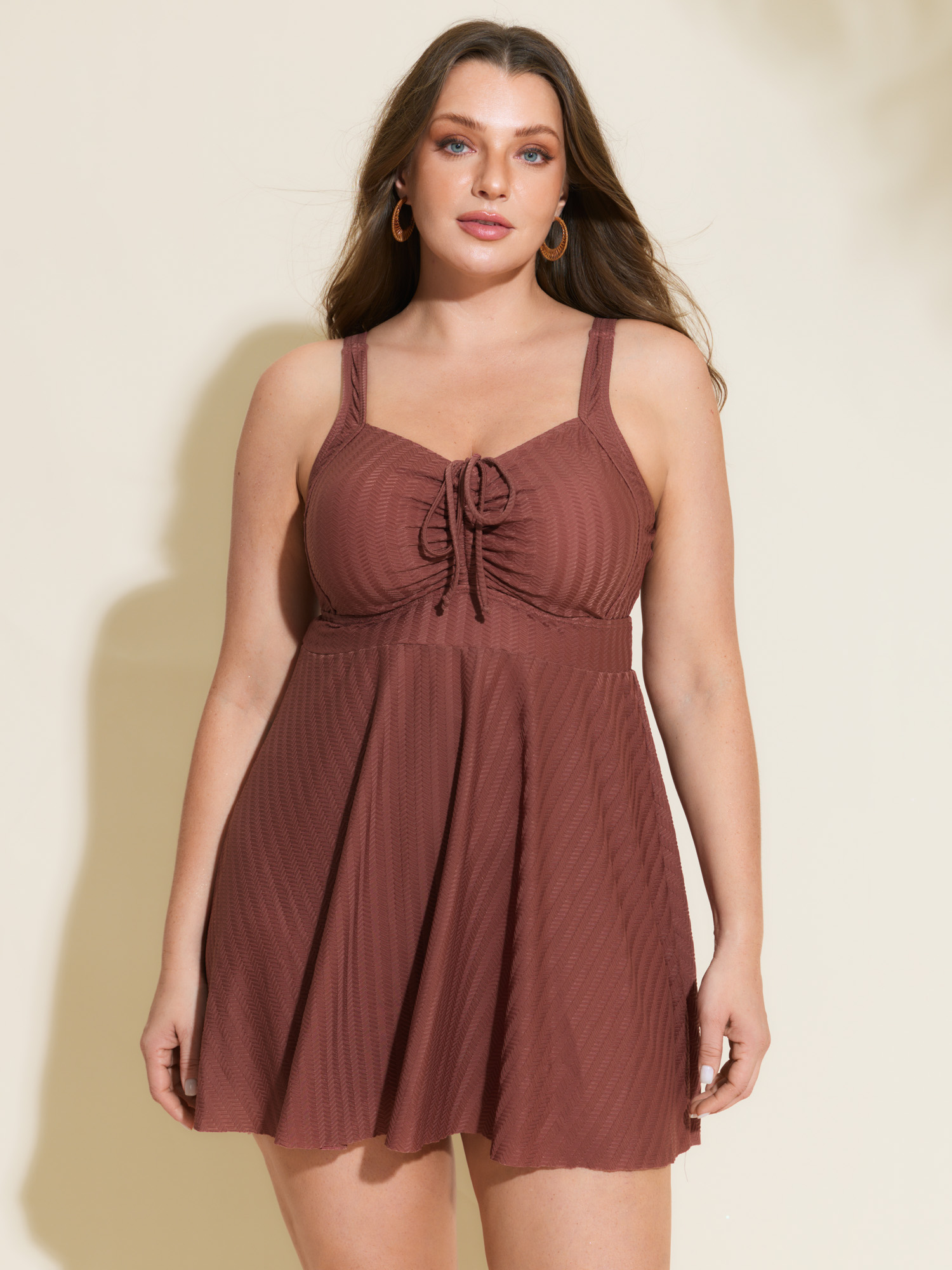 BloomChic Women's Plus Size Textured Adjustable Drawstring Bodice Swim Dress Rust Solid Cable Knit Adjustable Straps 10/M
