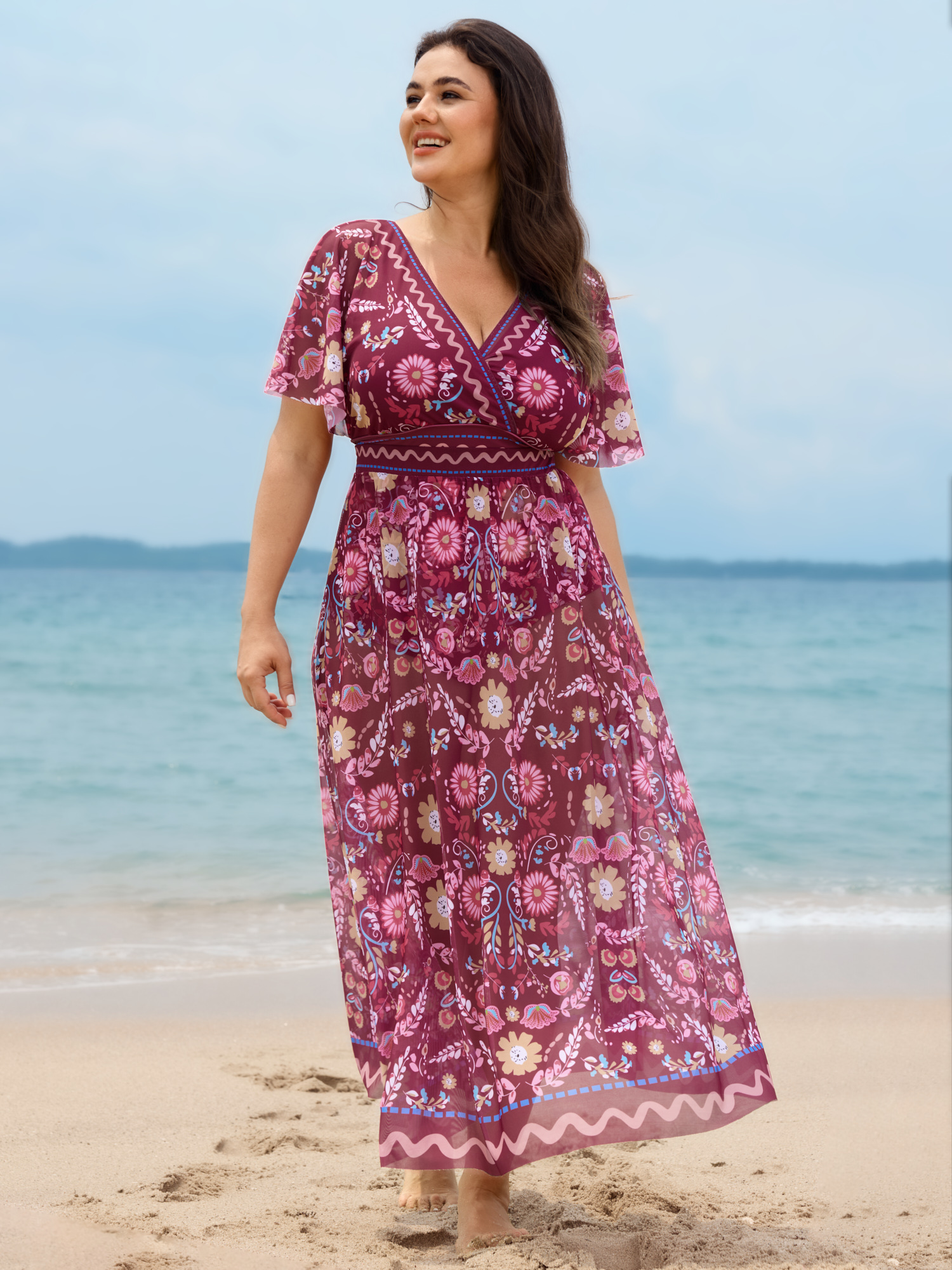 BloomChic Women's Plus Size Sarong Set Floral Print One-Piece Swimsuit Deeppurplered Floral Non Contoured Hip Fit 10/M