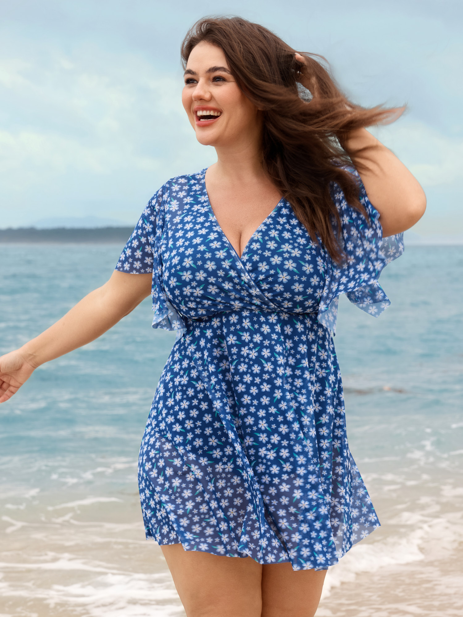 BloomChic Women's Plus Size Colorful Sheer Floral Print Swim Dress Mediumblue Ditsy Floral Mesh Panel Adaptive-Fit 10/M
