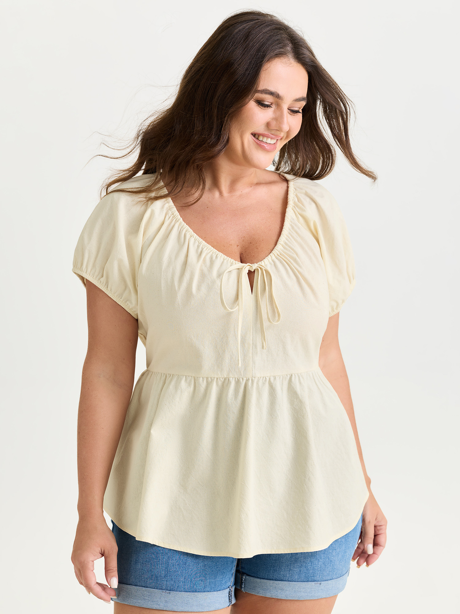 BloomChic Women's Plus Size Cotton Linen Blend Drawstring Neckline Blouse Apricot Solid Everyday-Casual Short sleeve V-Notch Neck 30/6X