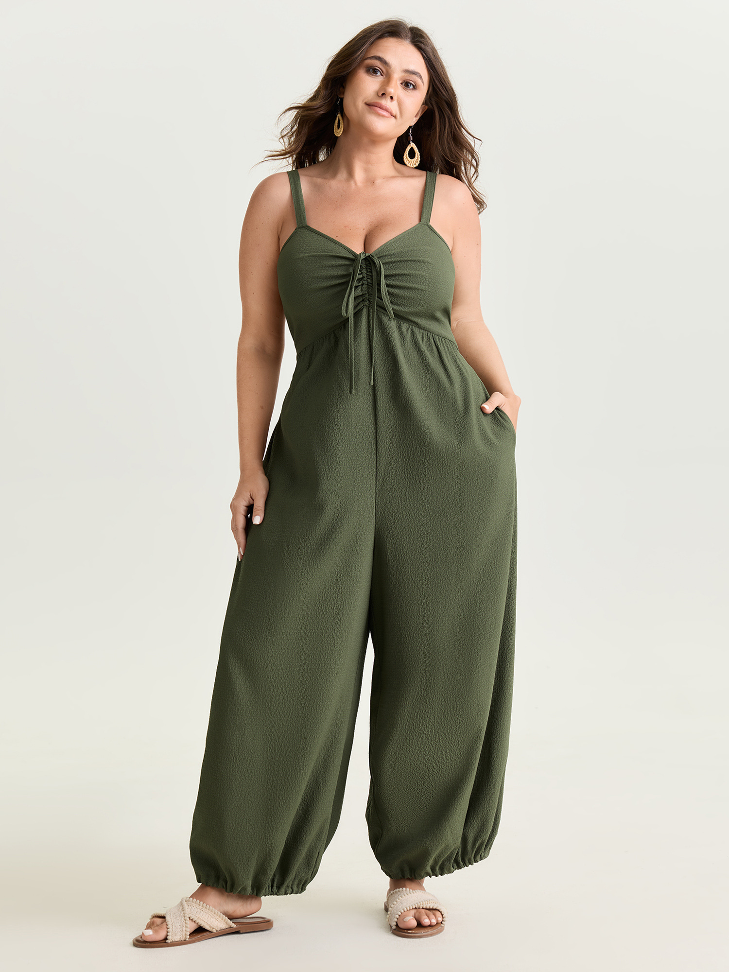 BloomChic Plus Size Ruched Adjustable Drawstring Bust Cuffed Jumpsuit - Curve Women's ArmyGreen Playsuit - Contoured Hip Fit Side Pocket Tulip Jumpsuits 16/L