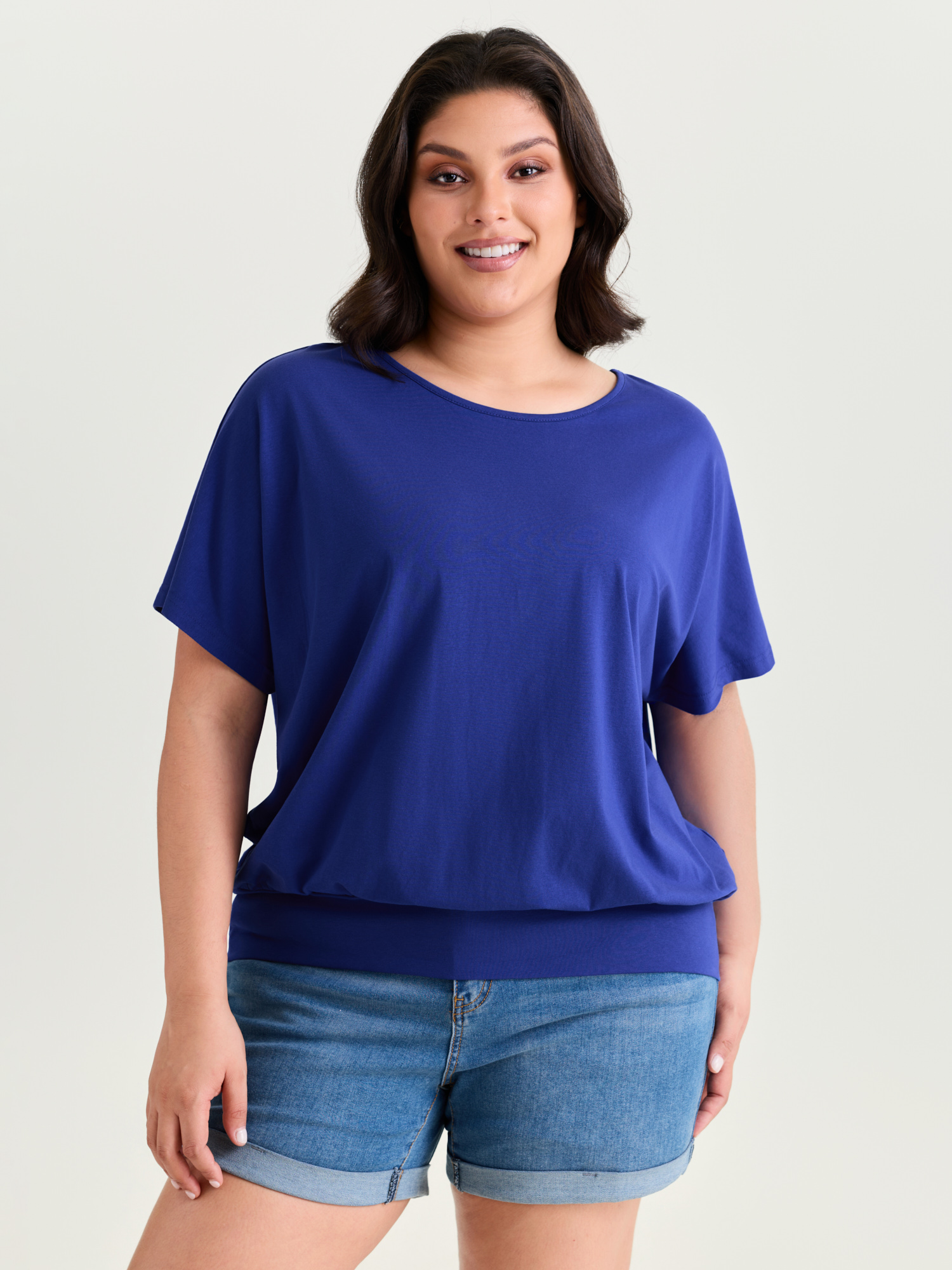 BloomChic Women's Plus Size Batwing Sleeve Bubble Hem T-Shirt DarkBlue Solid Everyday-Casual Short sleeve Round Neck 10/M