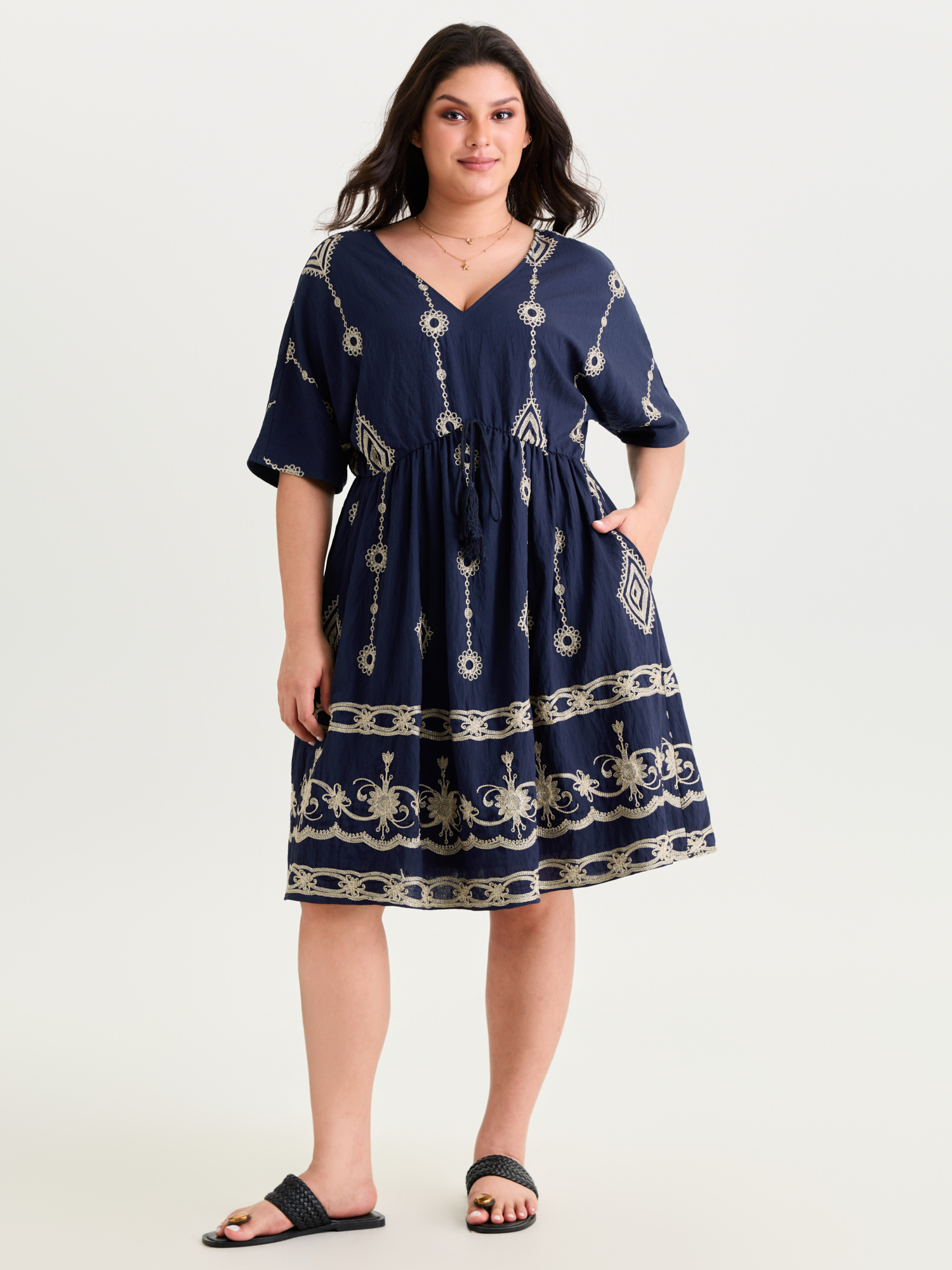 BloomChic Women's Plus Size Boho Embroidered Waist Tie Mini Dress DarkBlue Ethnic Floral Mini Vacation Bowknot 10/M