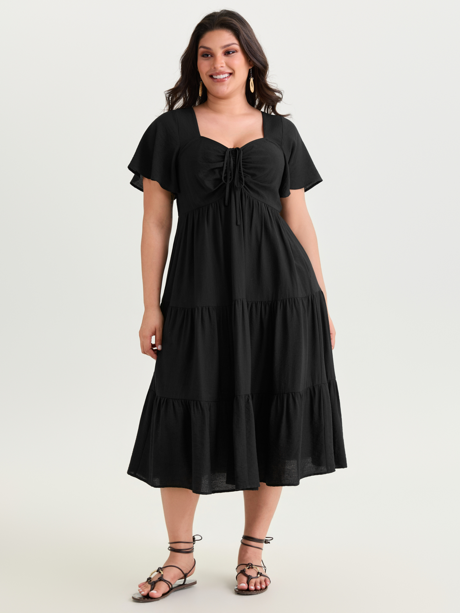BloomChic Women's Plus Size Sweetheart Drawstring Pocket Tiered Dress Black Solid Midi Everyday-Elegant 10/M