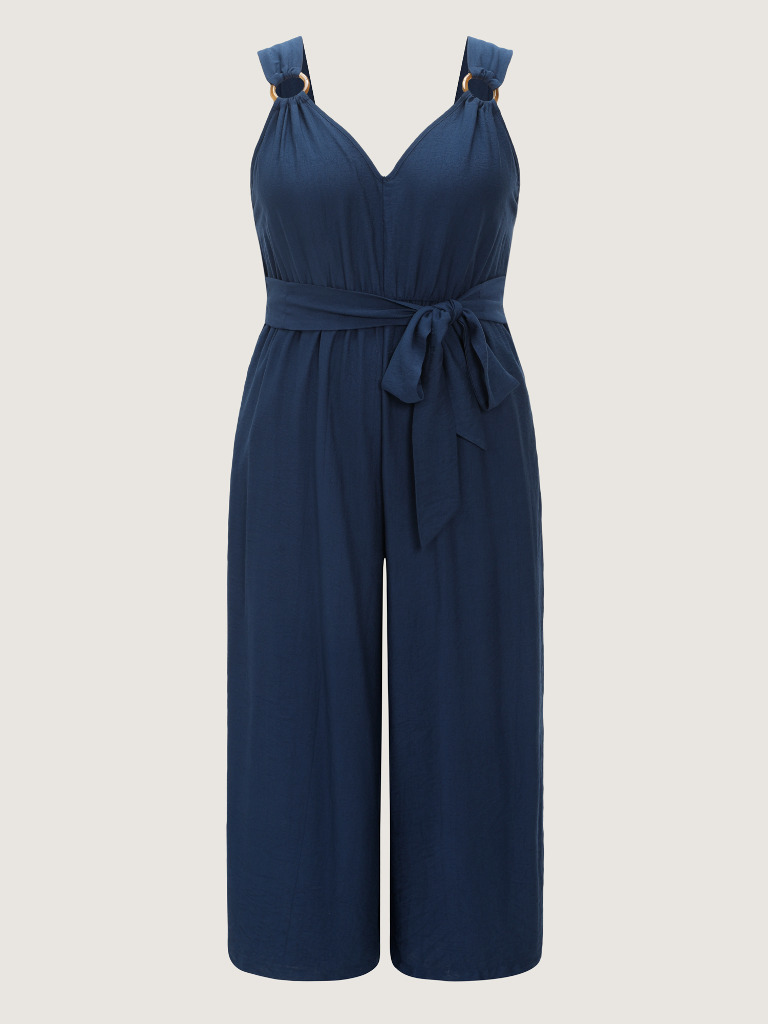 Side view of BloomChic Women's Plus Size Adjustable Waist-Tie Overall Jumpsuit Indigo Casual 12/L