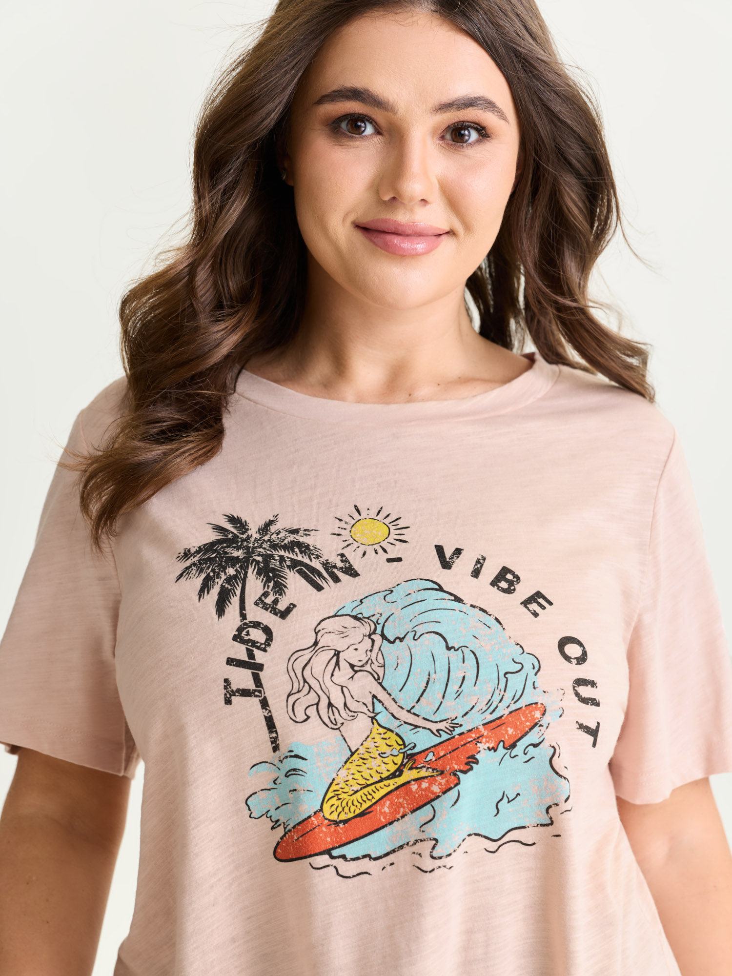 BloomChic Plus Size Cotton Stretchy Surf's Up Long T-Shirt - Women's Nudepink Solid Round Neck Comfort Midsection Fit Long Sleeve Playful T-shirts 14/M