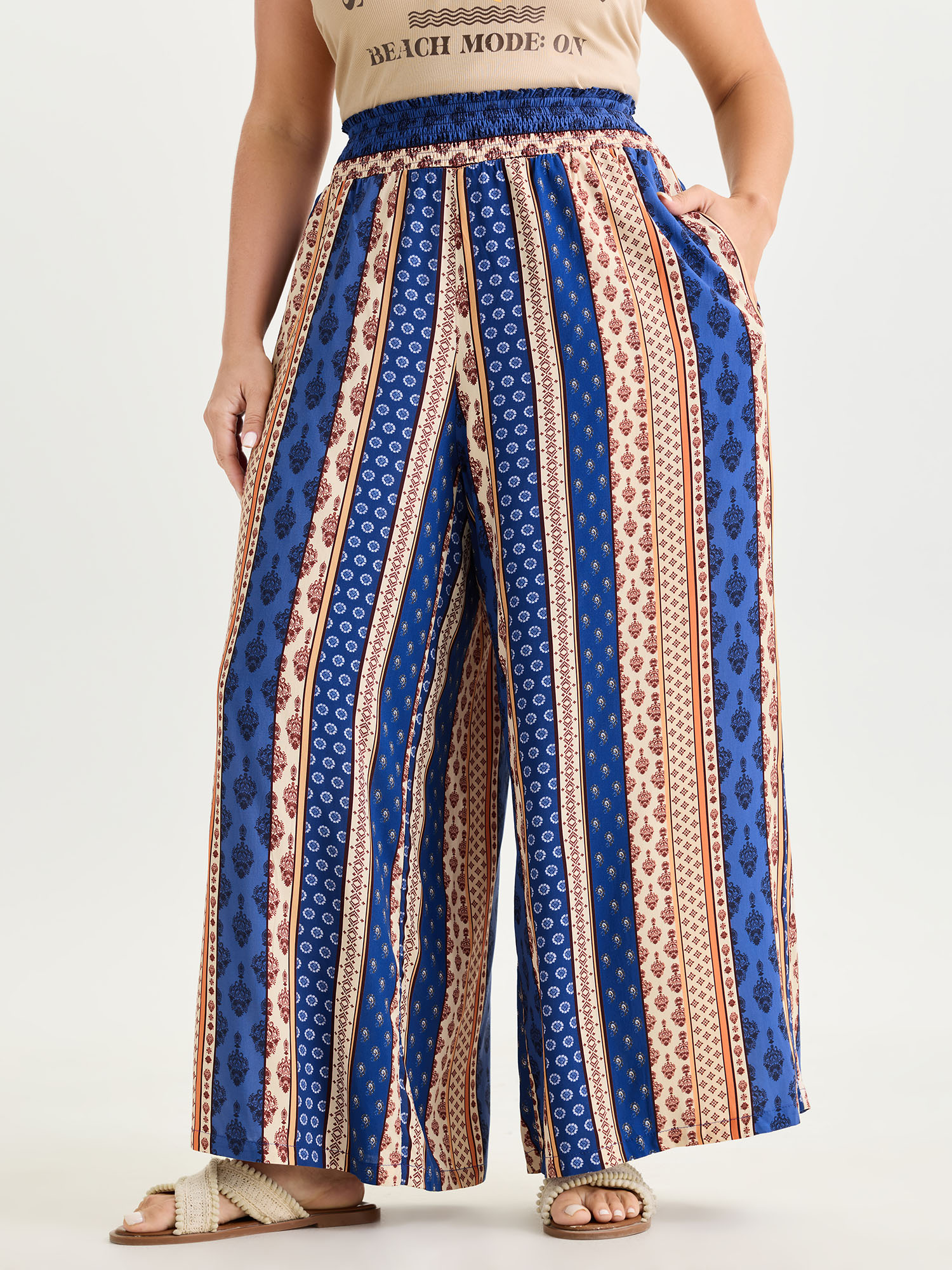 BloomChic Women's Plus Size Color Contrast Striped Print Shirred Pants Stone Stripes Wide leg High Rise 10/M
