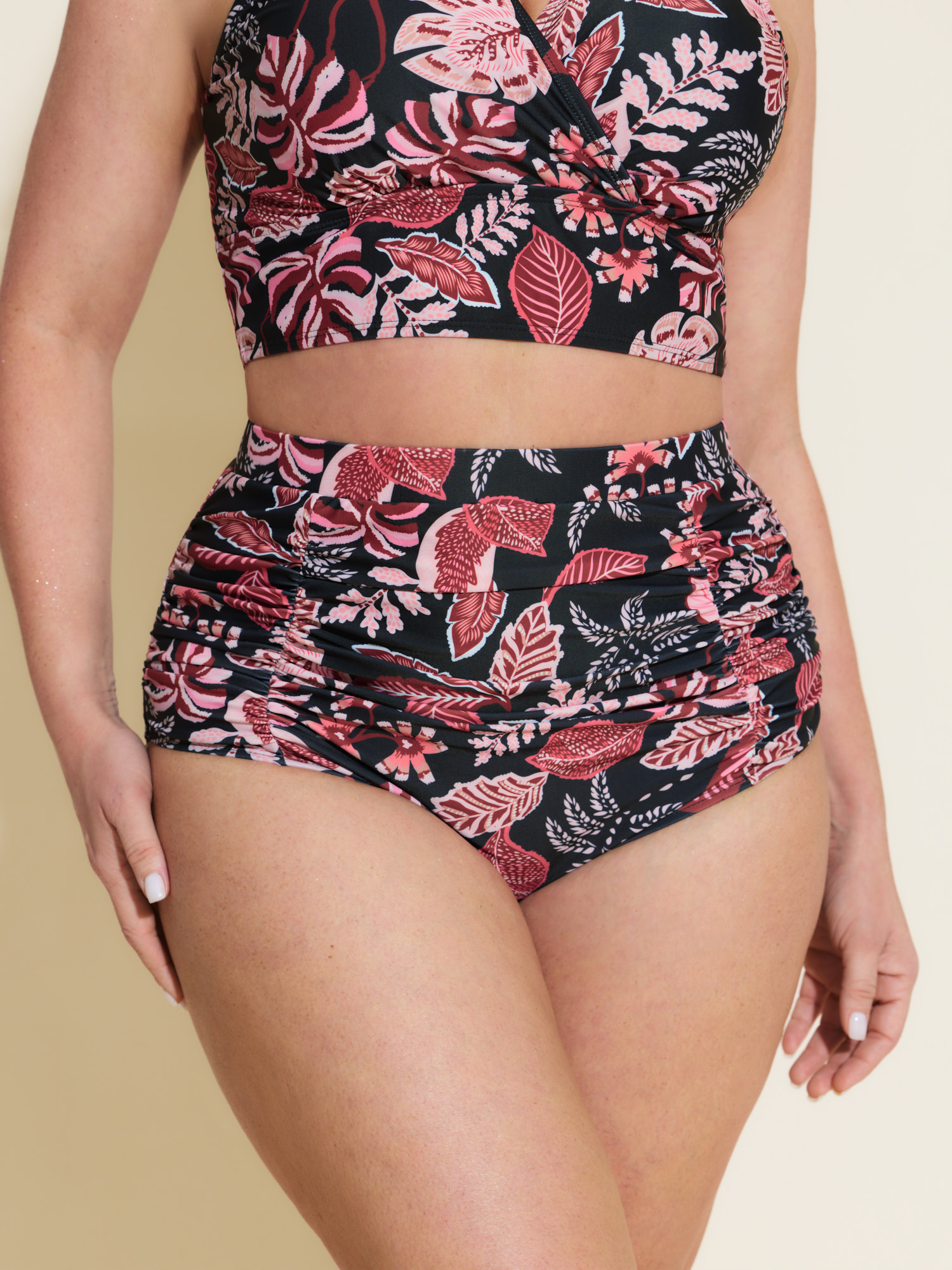 BloomChic Women's Plus Size Tropical Floral Print High Waisted Tummy-Control Bikini Bottoms Scarlet Tropical cropped Non Elastic Waist 10/M