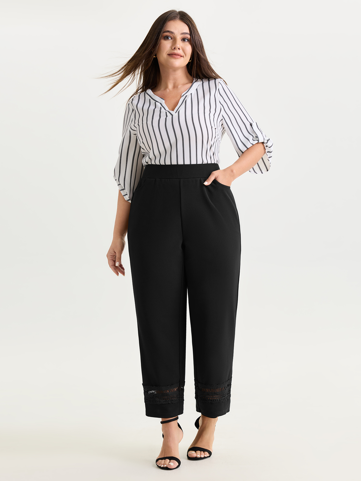 BloomChic Women's Plus Size Pull-On Sheer Lace Hem Cuffed Pants Black Solid Straight fit Mid Rise 10/M