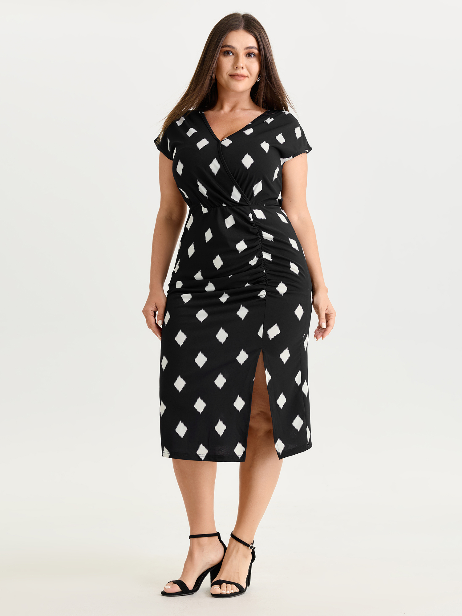 BloomChic Women's Plus Size Stretchy Geometric Print Wrap Midi Dress Black Office Maxi Wrap / Overlap V-Neck 22-24/3X