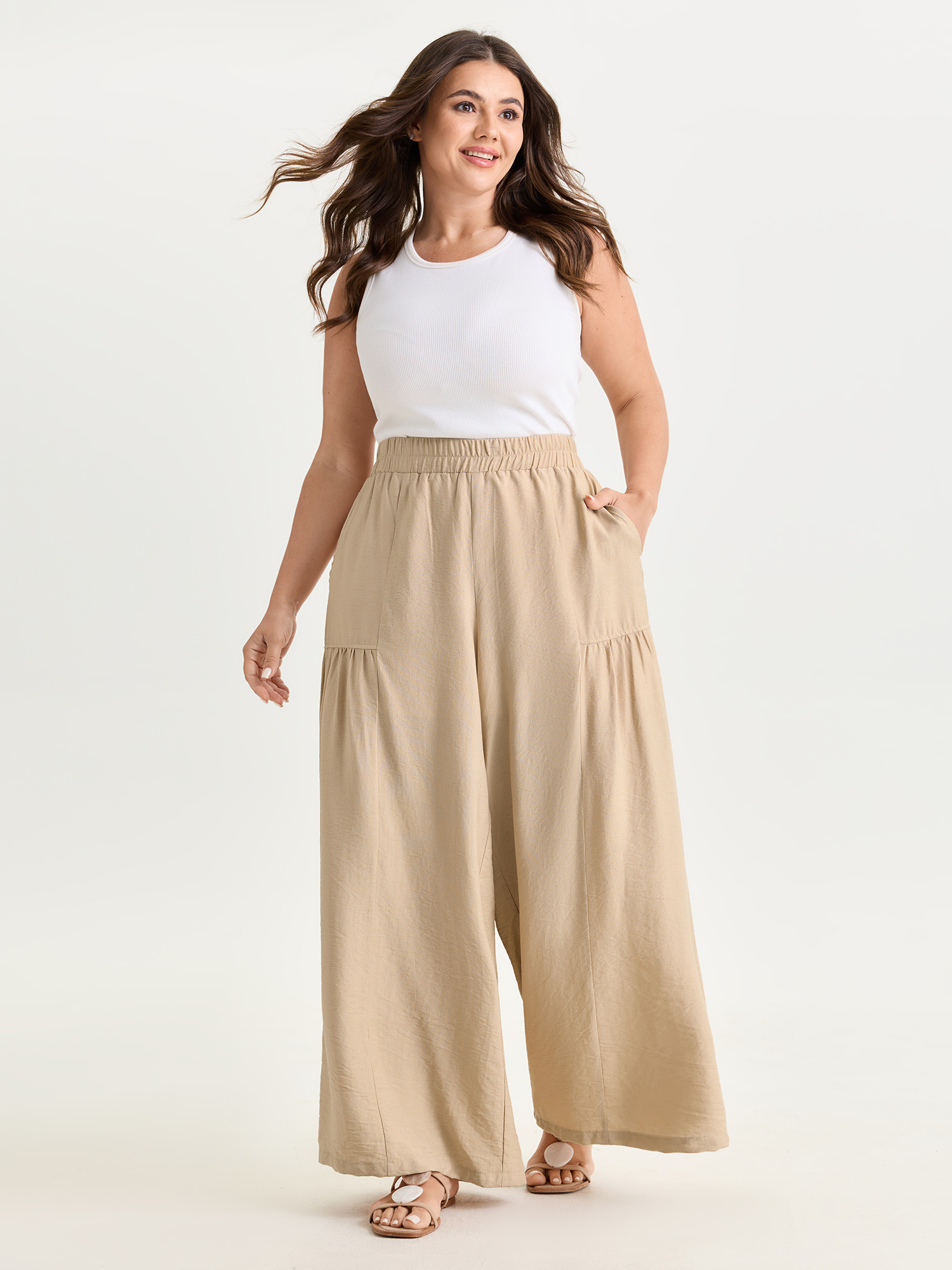BloomChic Women's Plus Size Plain Breezy Pocket Pants Tan Solid Wide leg Mid Rise 30/6X