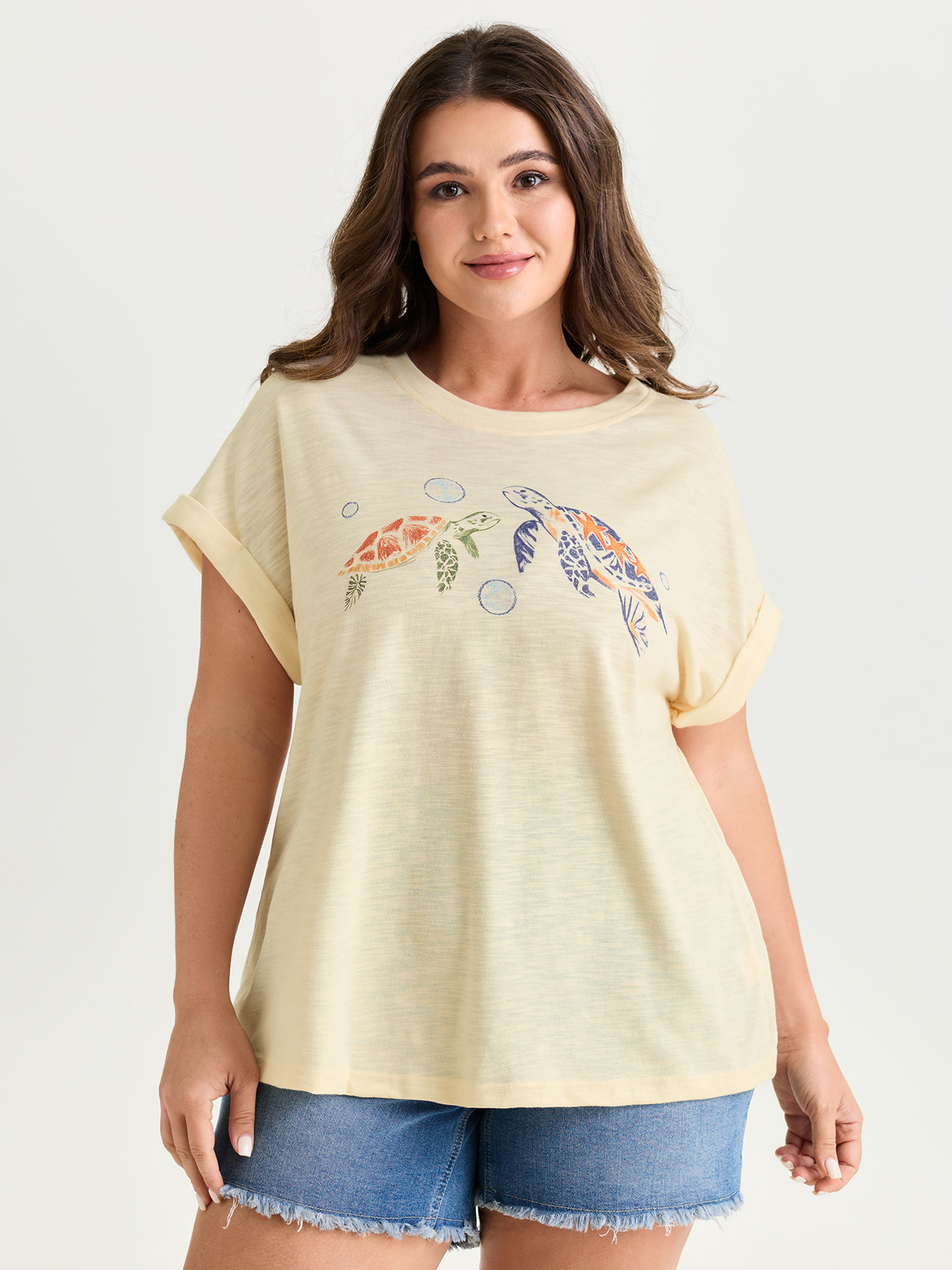 BloomChic Women's Plus Size Supersoft Happy Turtle Print T-Shirt Ivory Solid Everyday-Casual Short sleeve Round Neck 22-24/3X