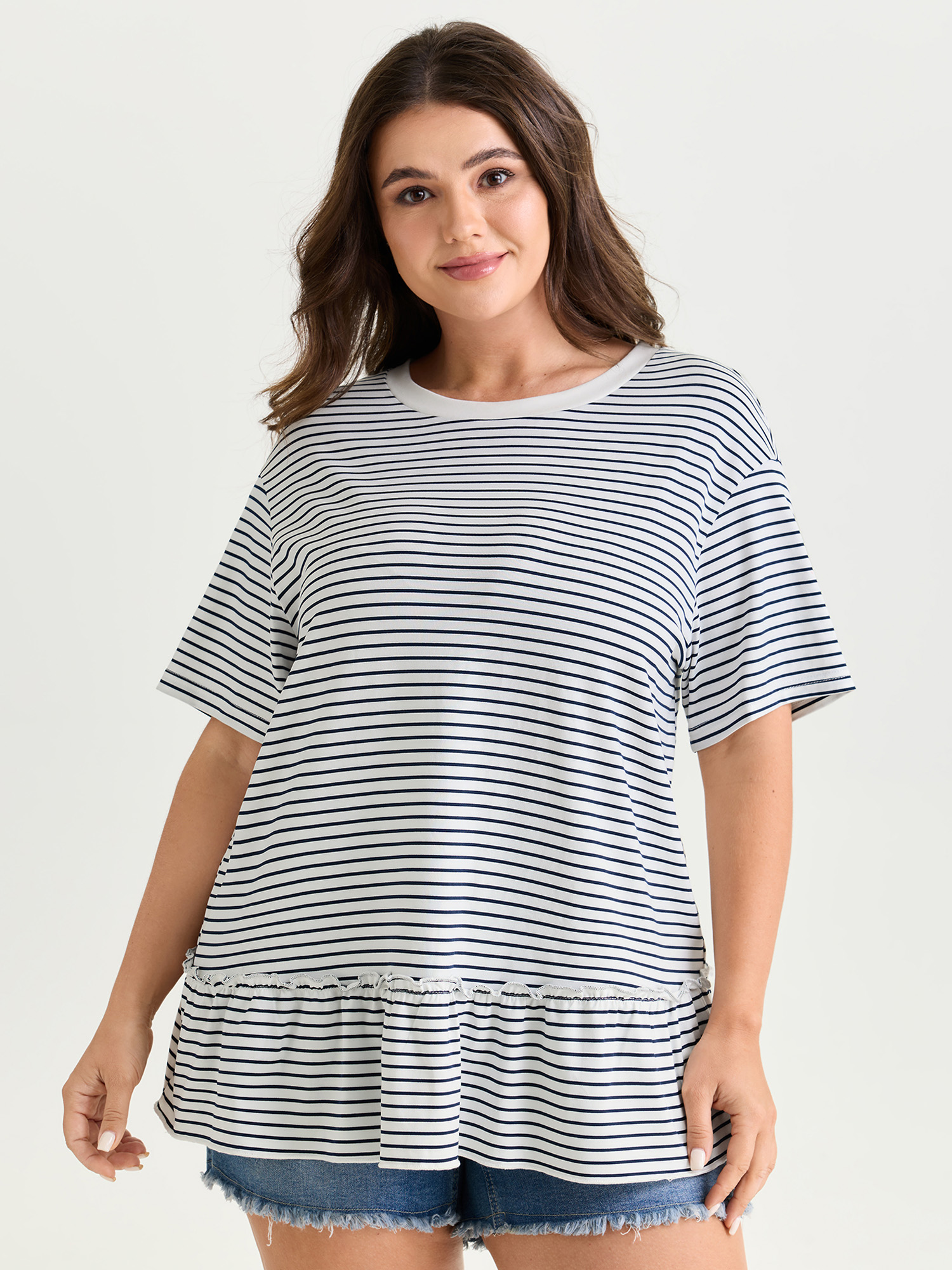 BloomChic Women's Plus Size Striped Print Ruffled Hem Long T-Shirt Midnight Stripes Everyday-Casual Short sleeve Round Neck 10/M