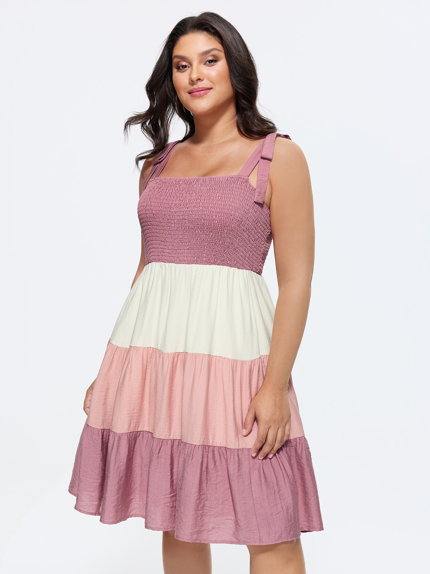 BloomChic Women's Plus Size Colorblock Shirred Bodice Tiered Mini Dress Lilac Color Block Midi Casual Lace-Up 14-16/1X