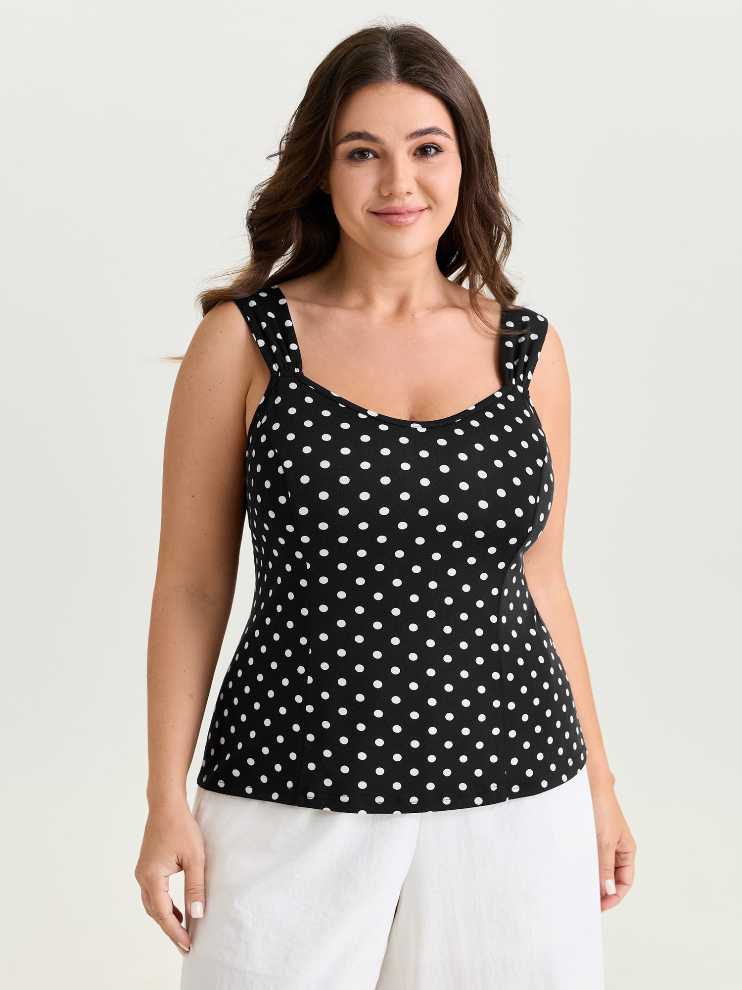 Bloomchic Women's Plus Size Stretchy Polka Dots Print Fitted Tank Top Black Elegant Sheath U-neck 10/m