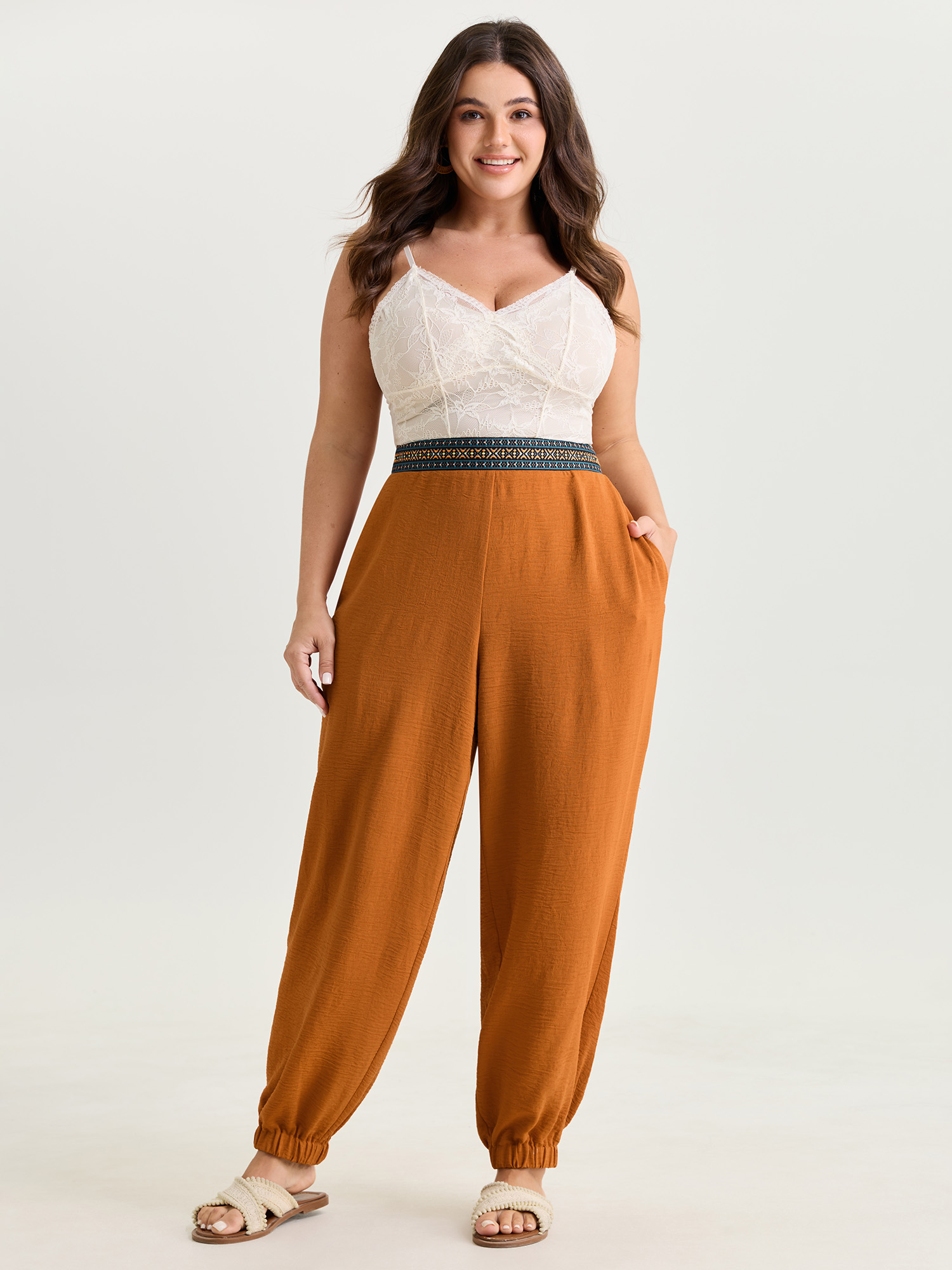 BloomChic Women's Plus Size Colorful Waistband Cuffed Plain Pants Brightorange Solid Jogger Mid Rise 26/4X