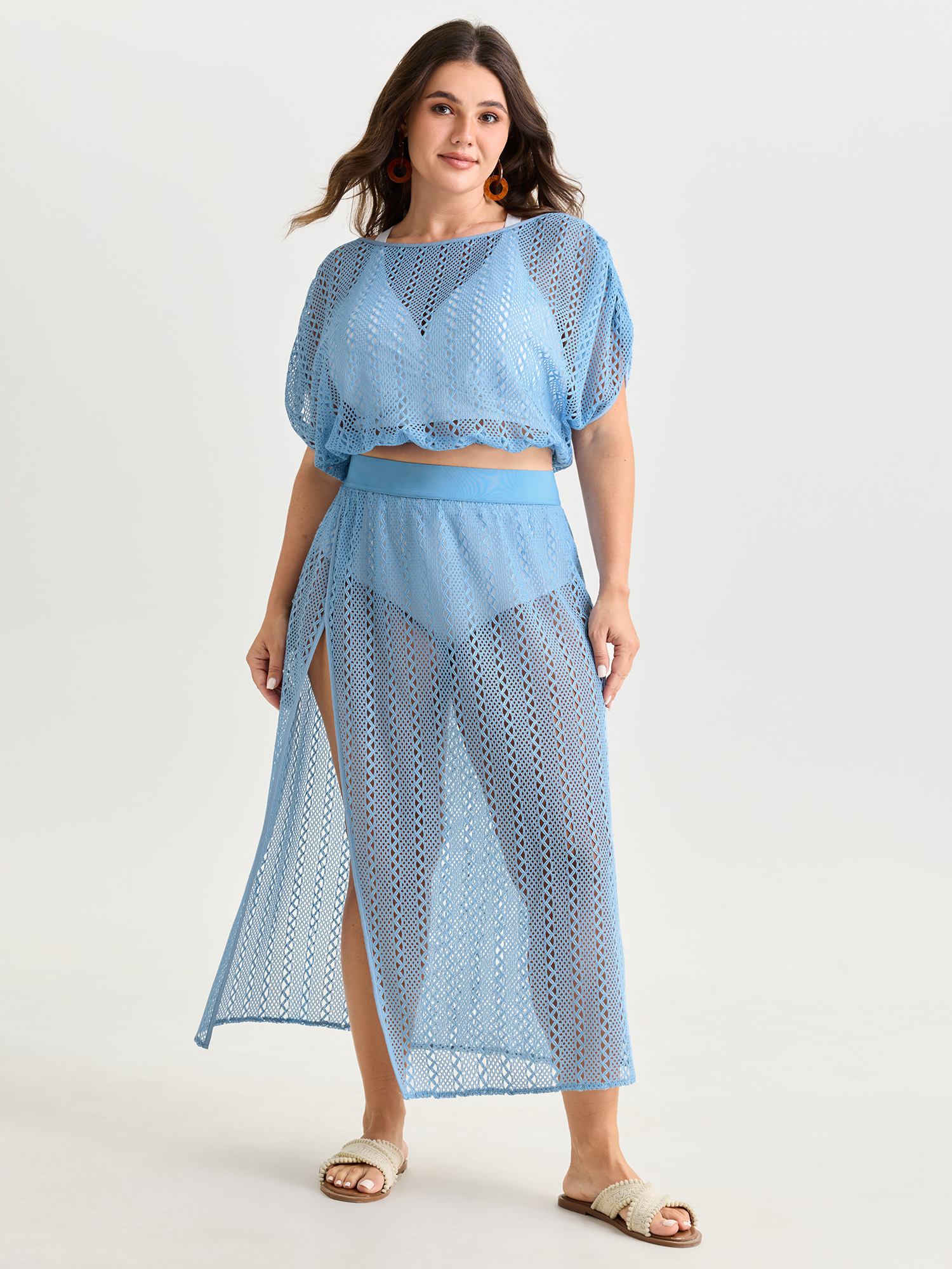 BloomChic Women's Plus Size Hollowed Out Split Hem Maxi Skirt Skyblue Cut-Out Wide leg Vacation 22-24/3X