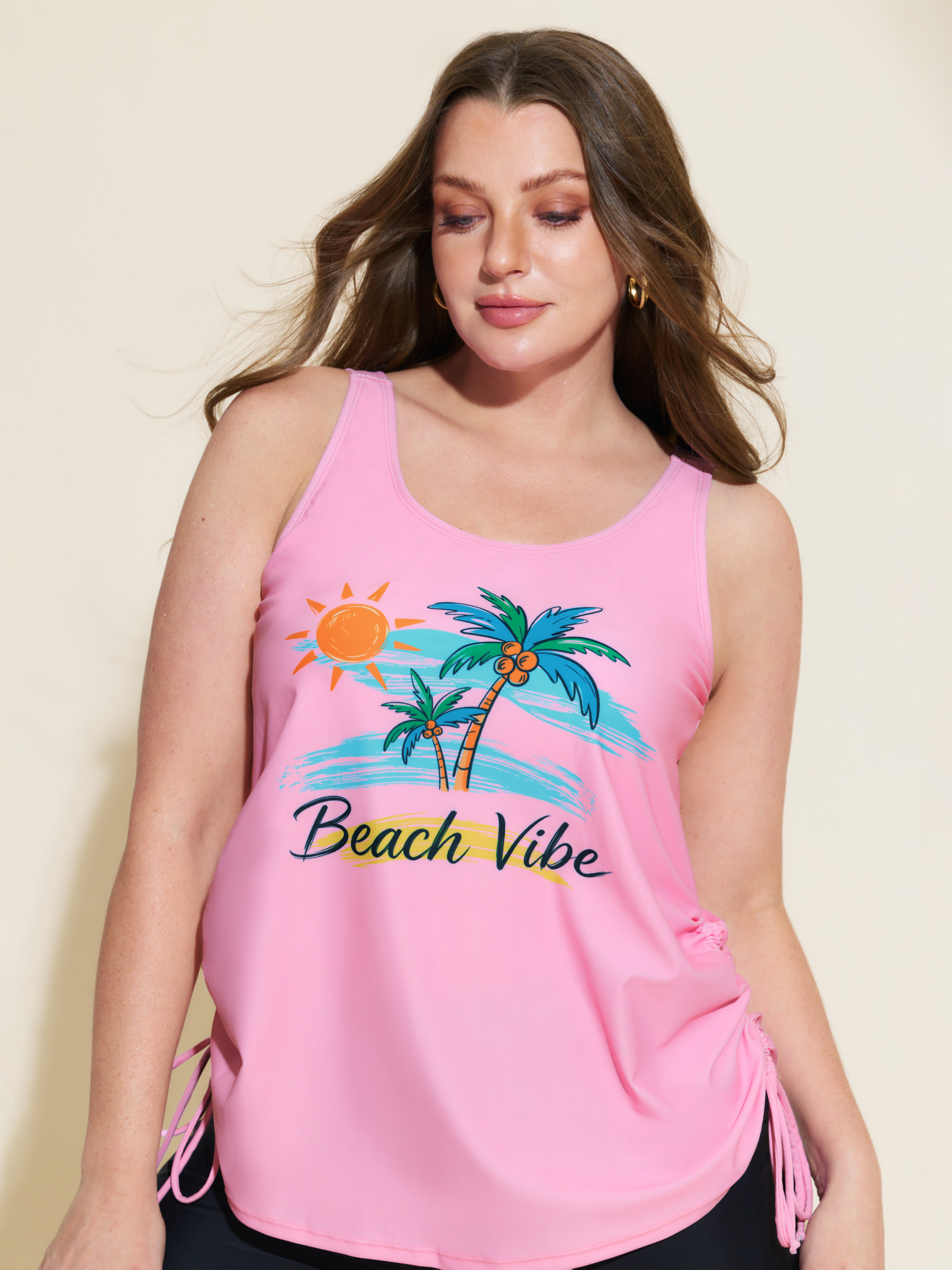 BloomChic Women's Plus Size Island Print Drawstring Adjustable Swim Top Blush Tropical Sleeveless Ruched Bust Support 10/M
