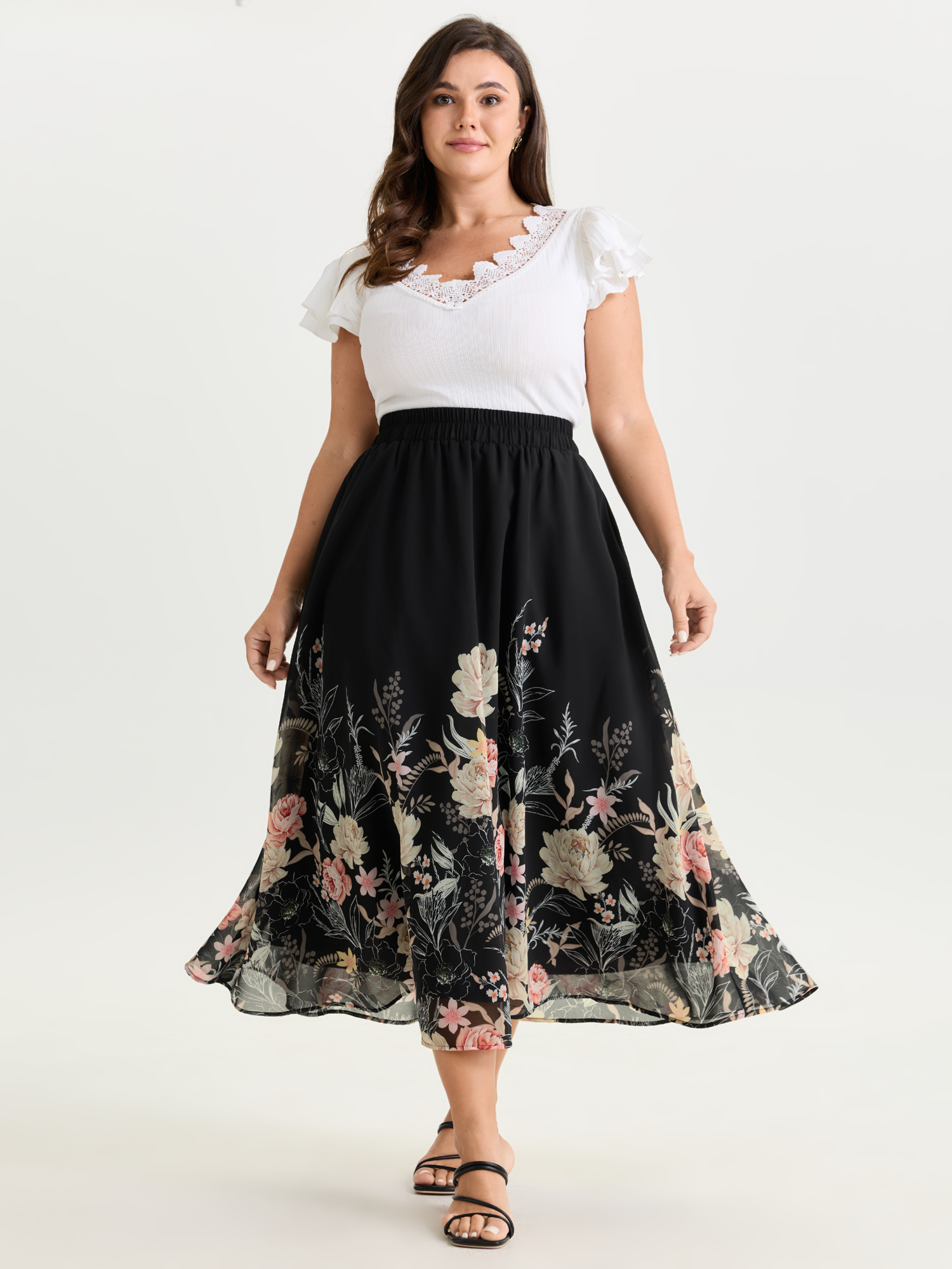 BloomChic Women's Plus Size Floral Print Flowy Midi Skirt Black Wide Waistband Wide leg Elegant 22-24/3X-image-48665865257130