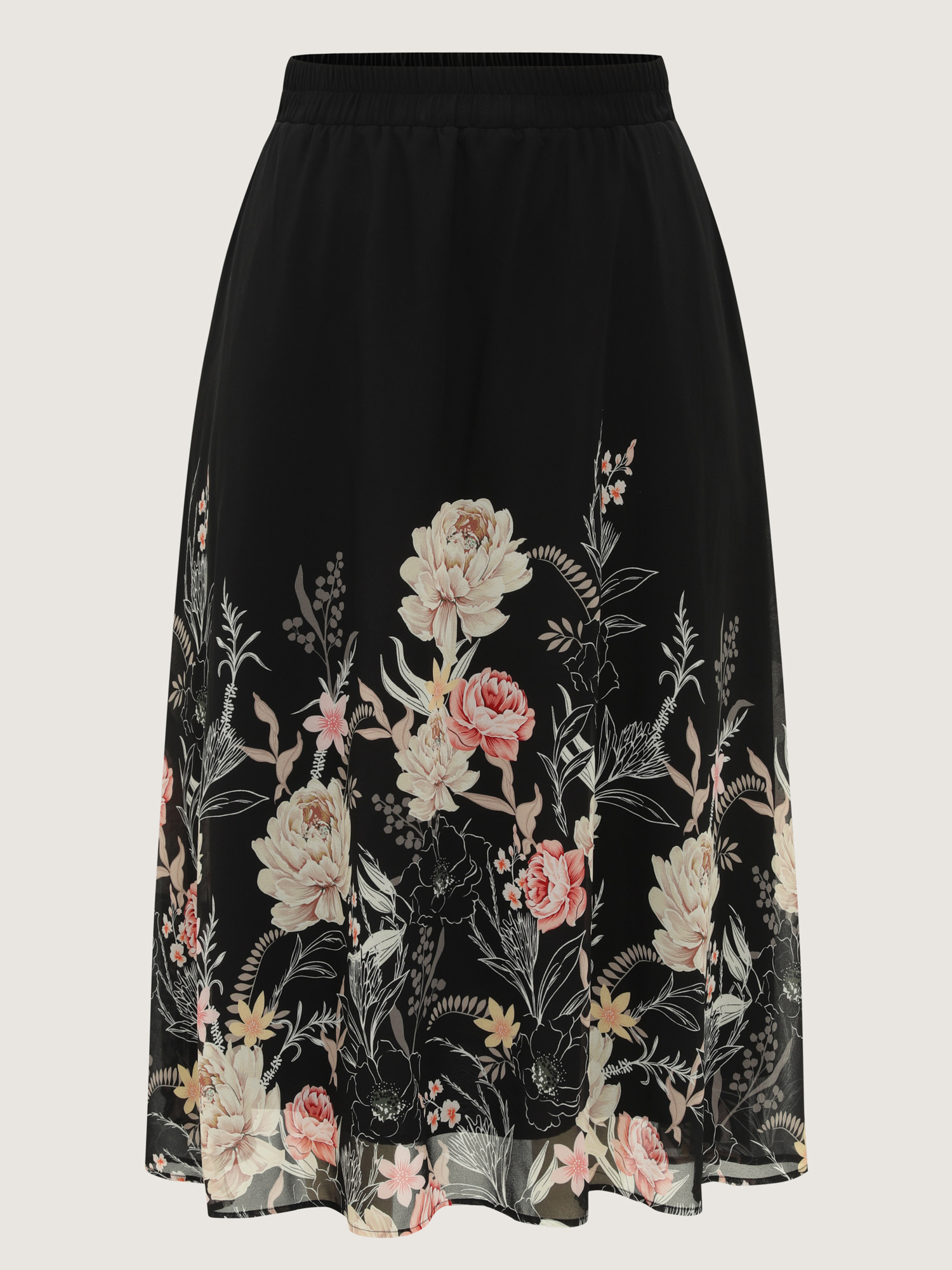 Side view of BloomChic Women's Plus Size Floral Print Flowy Midi Skirt Black Wide Waistband Wide leg Elegant 12/L
