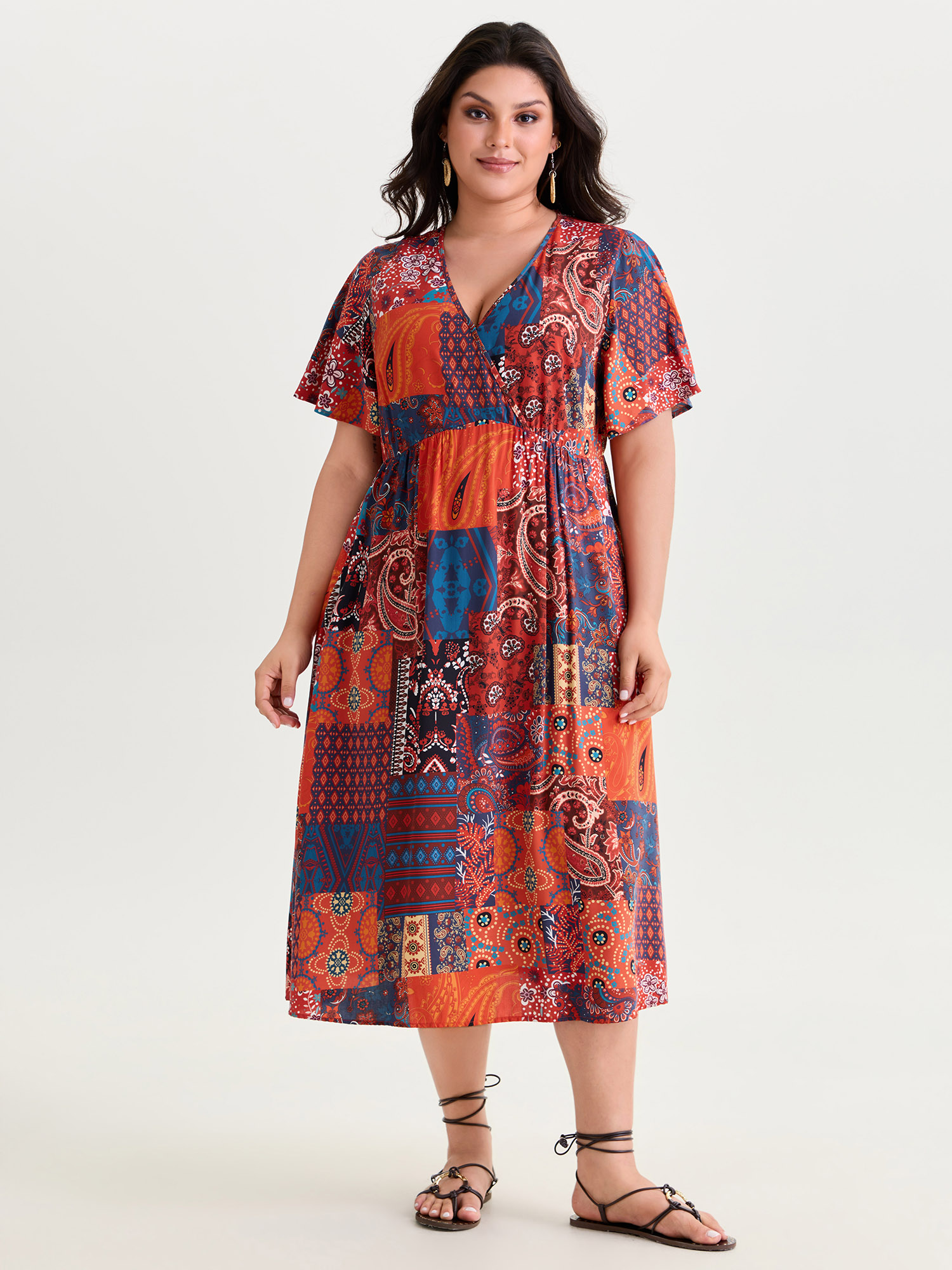 BloomChic Women's Plus Size Patchwork Print Wrap Front Midi Dress Deepred Ethnic Floral Midi Vacation Wrap / Overlap 10/M