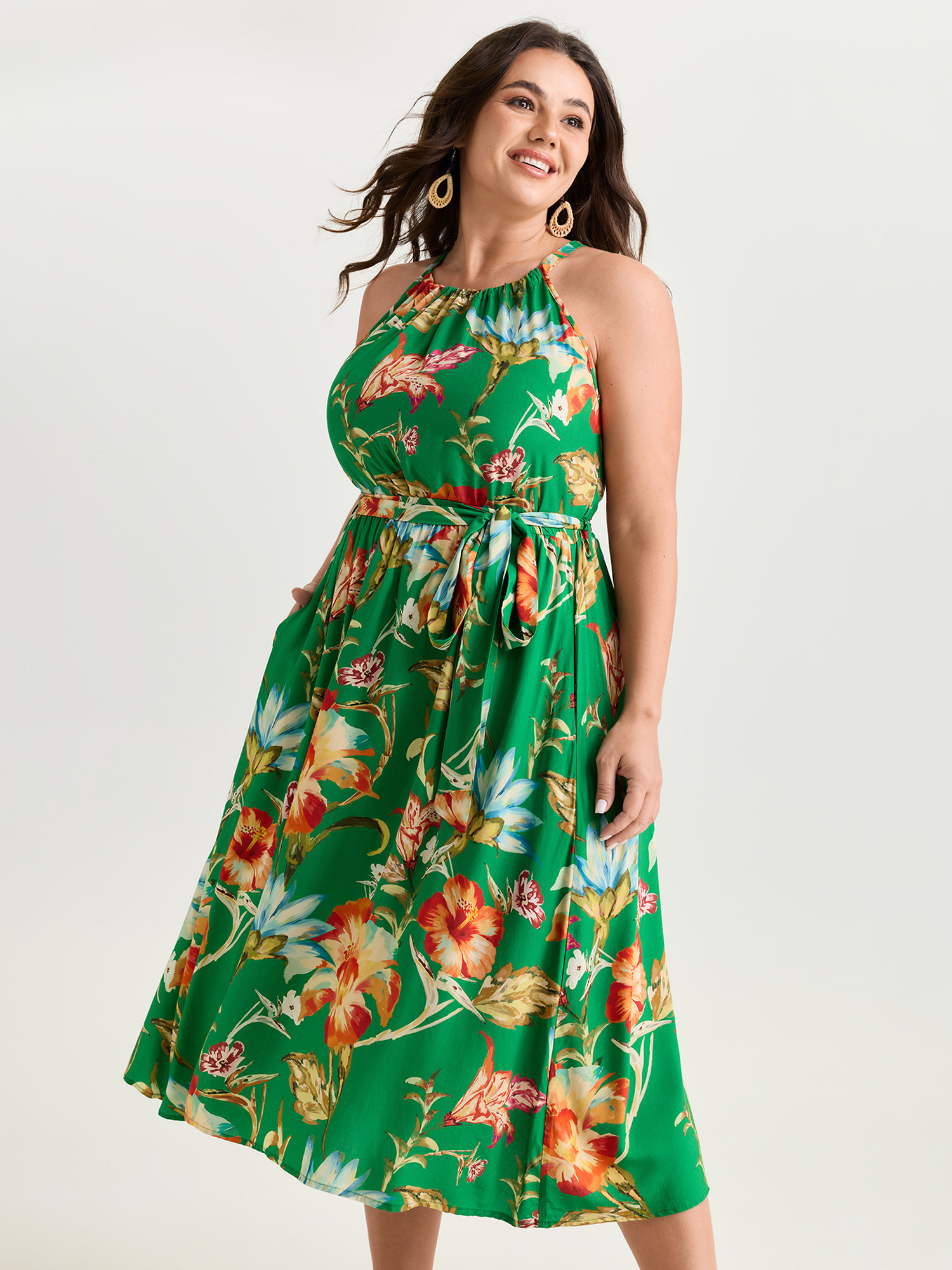 BloomChic Plus Size Large Floral Print Halter Neckline Midi Dress - Curve Ladies Truegreen Resort Sleeveless Floral Side Pocket Daily Dresses 18-20/1X