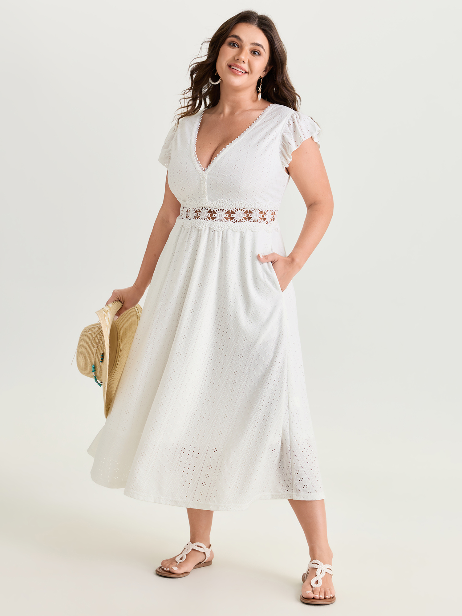 BloomChic Plus Size Eyelet Trim Cut-Out Waist Midi Dress - Curve Ladies Opticwhite Boho Short sleeve Solid Side Pocket Daily Dresses 26-28/3X