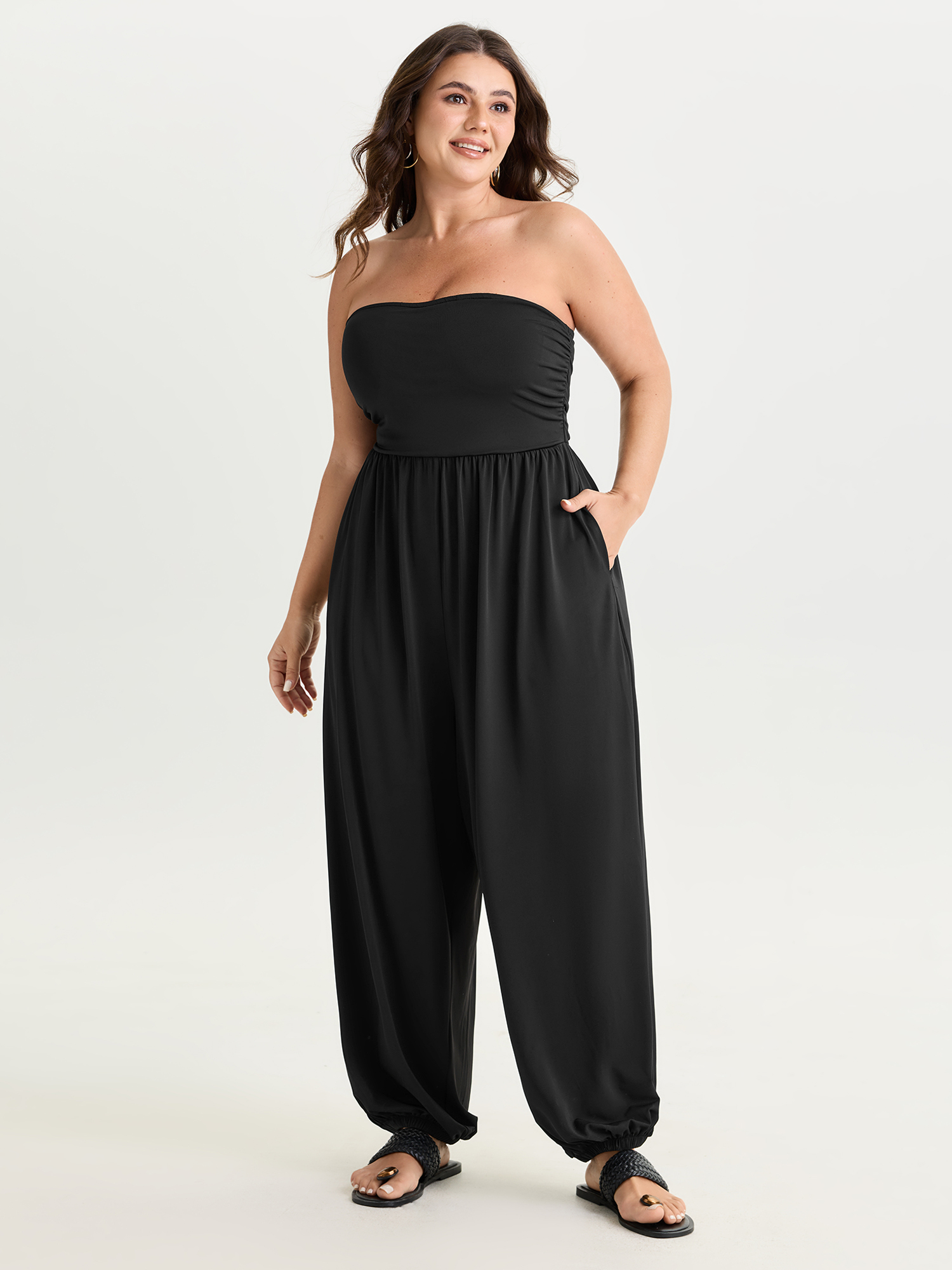 BloomChic Women's Plus Size Supported Bra Off-Shoulder Stretchy Pockets Jumpsuit Black Vacation 18-20/2X-image-48345815482538