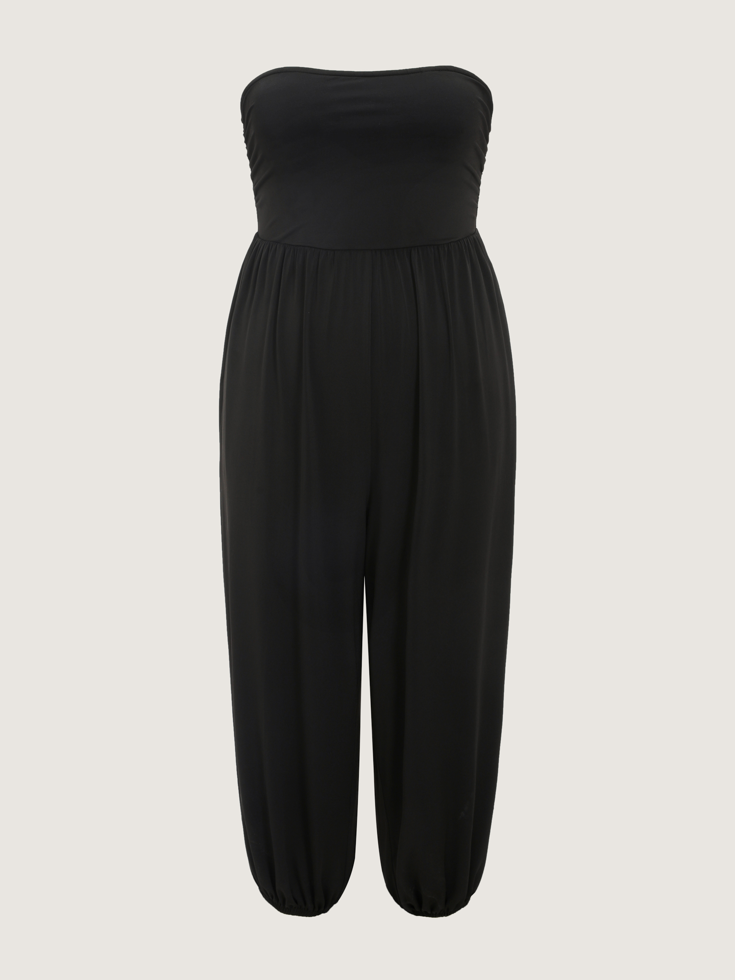 Side view of BloomChic Women's Plus Size Supported Bra Off-Shoulder Stretchy Pockets Jumpsuit Black Vacation 14-16/1X