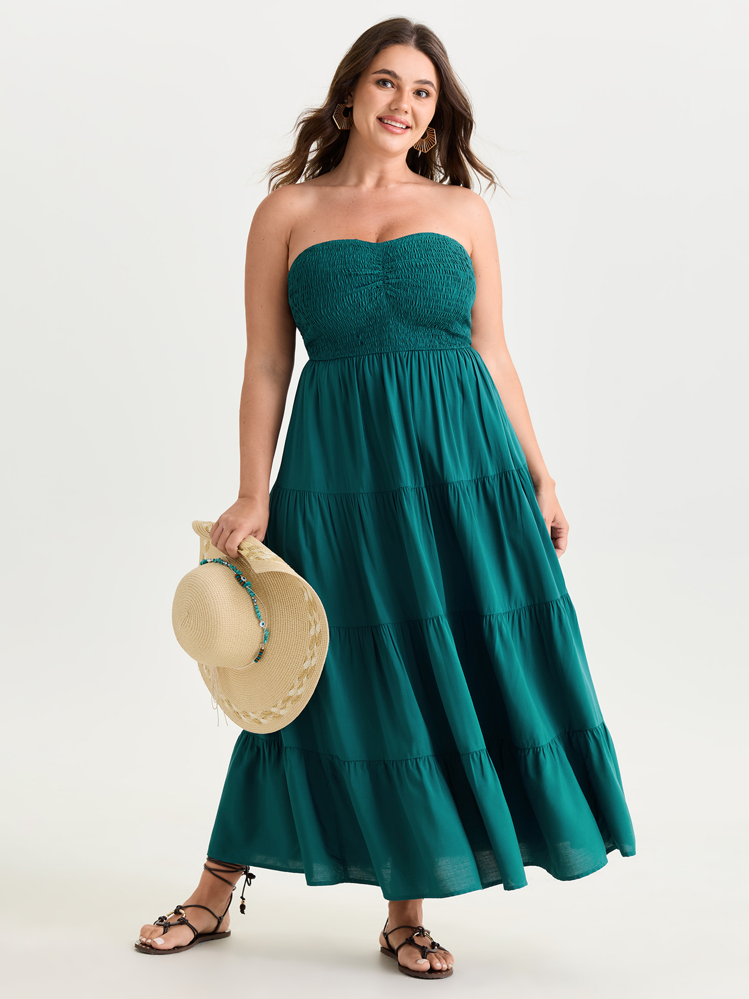 BloomChic Plus Size Ruched Bodice Tiered Flowy Maxi Dress - Curve Ladies Aegean Resort Sleeveless Solid Side Pocket Daily Dresses 22-24/2X