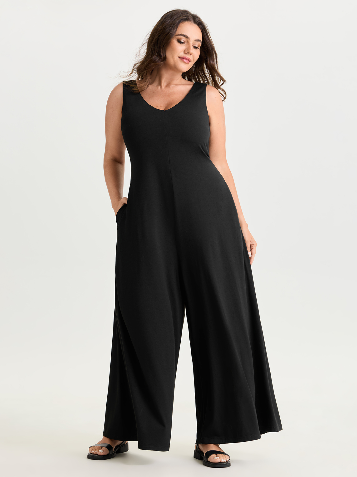 BloomChic Women's Plus Size Stretchy Deep Back Neckline Jumpsuit Black Casual 30/6X-image-48352009191594