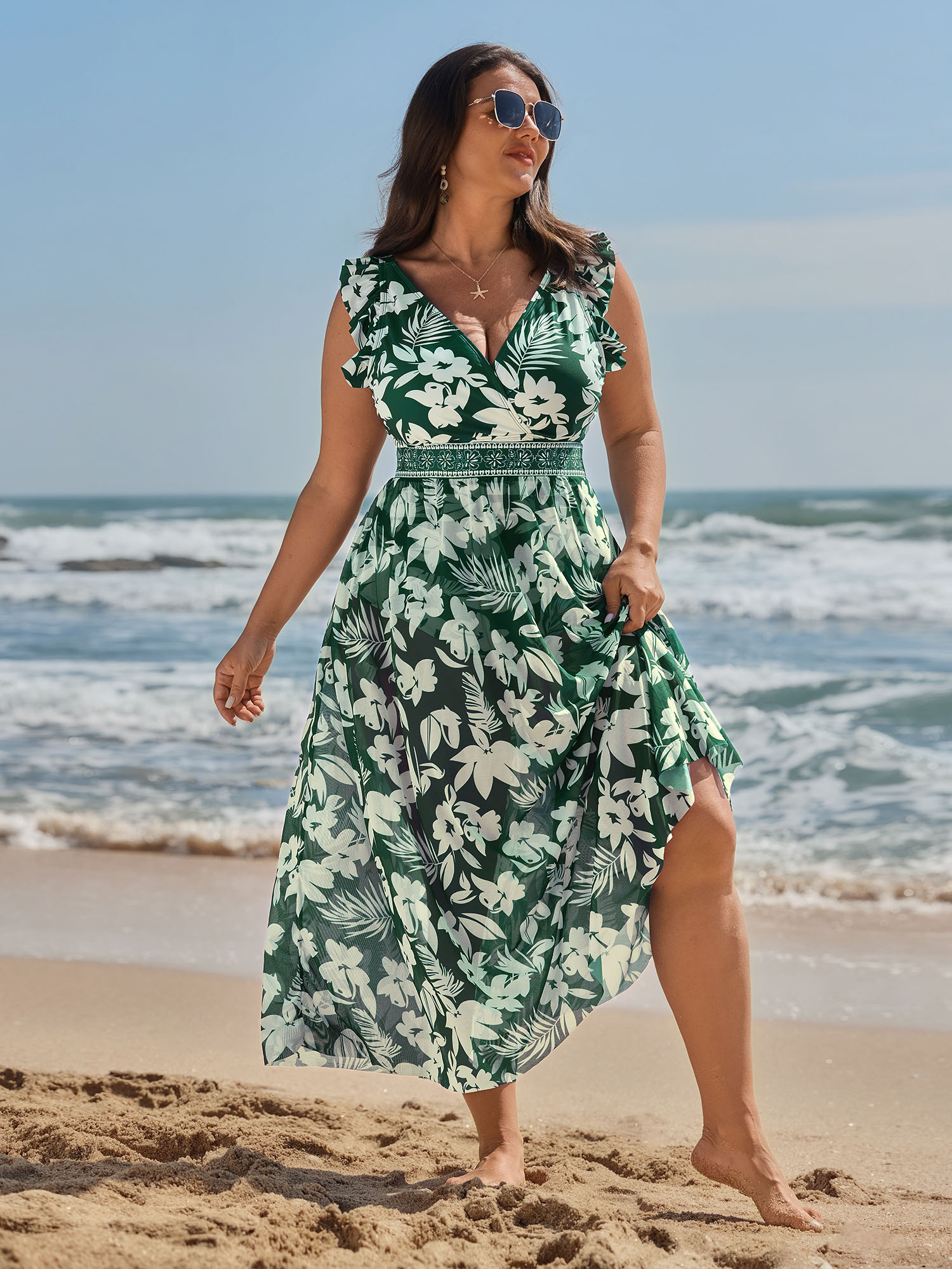 BloomChic Women's Plus Size Sarong Set Tropical Print One-Piece Swim DarkGreen Tropical Ruffles Contoured Hip Fit 10/M