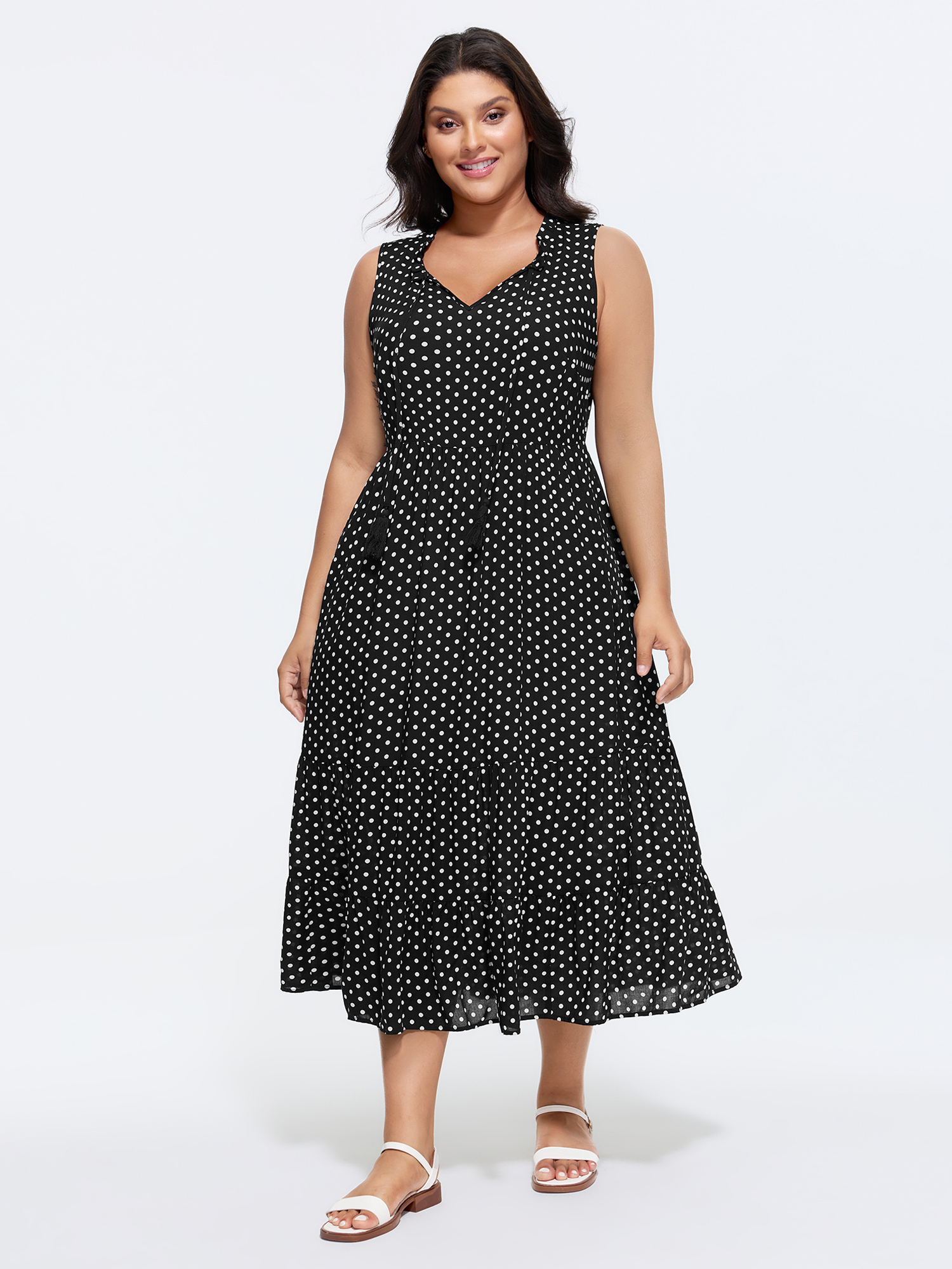 BloomChic Women's Plus Size Polka Dots Notched Drawstring Collar Midi Dress Pureblack Polka dots Midi Everyday-Casual Lace-Up 10/M