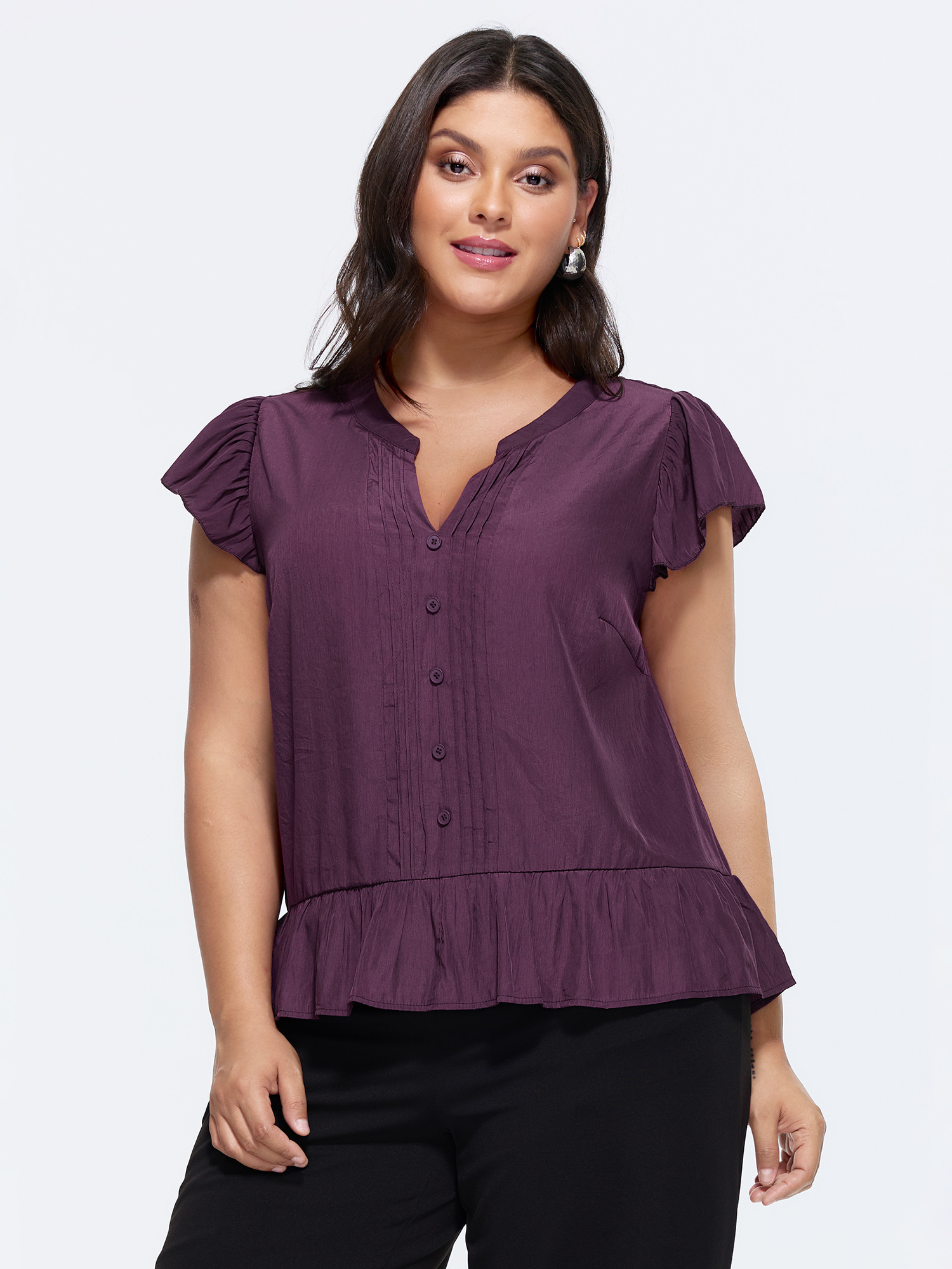 BloomChic Women's Plus Size Supersoft Pleated Front Ruffled Hem Plain Blouse Eggplant Solid Office Cap Sleeve V-Notch Neck 22-24/3X