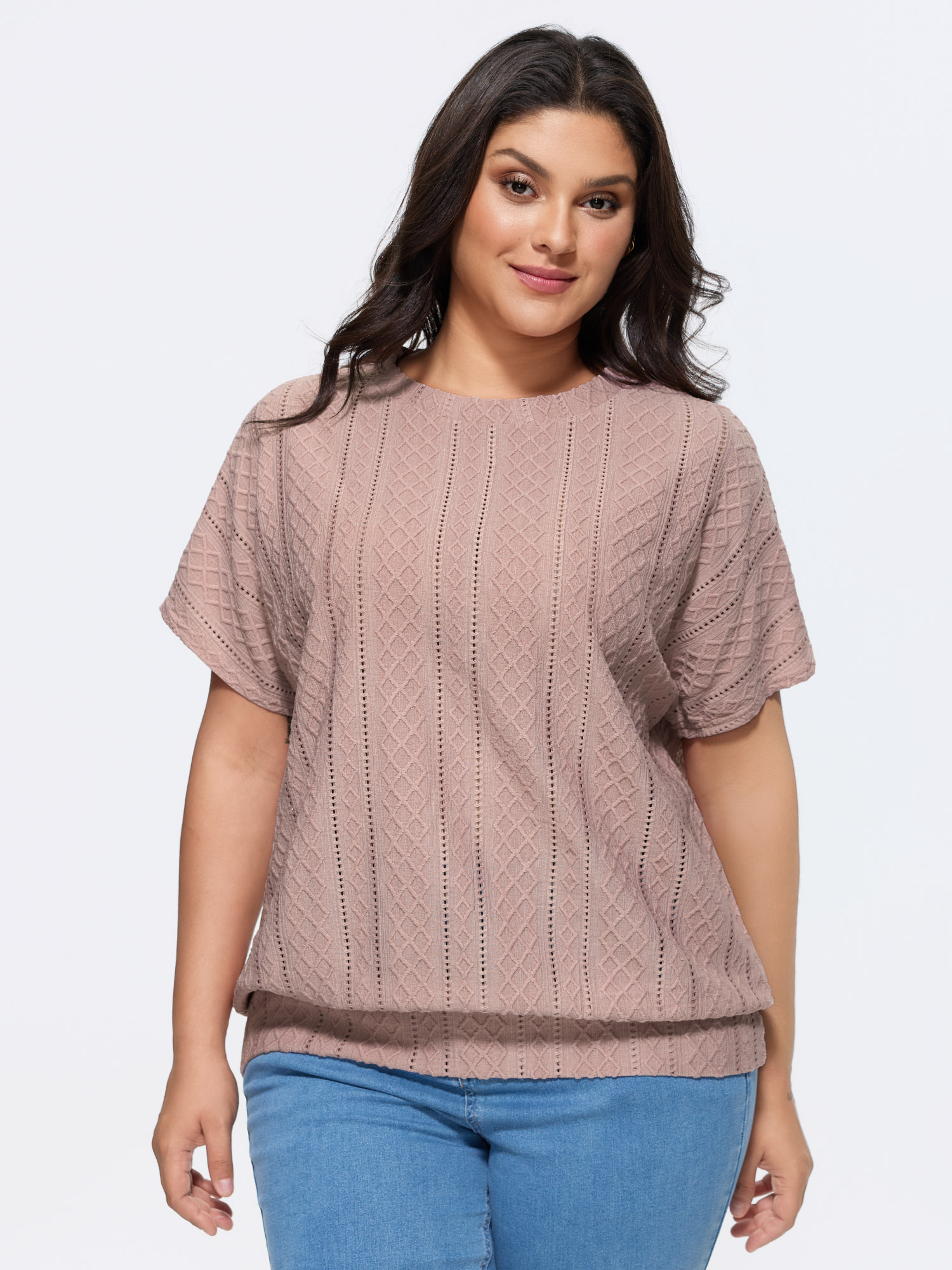 BloomChic Women's Plus Size Eyelet Trim Stretchy Textured Plain Top DustyPink Short sleeve Everyday-Casual Round Neck 18-20/2X