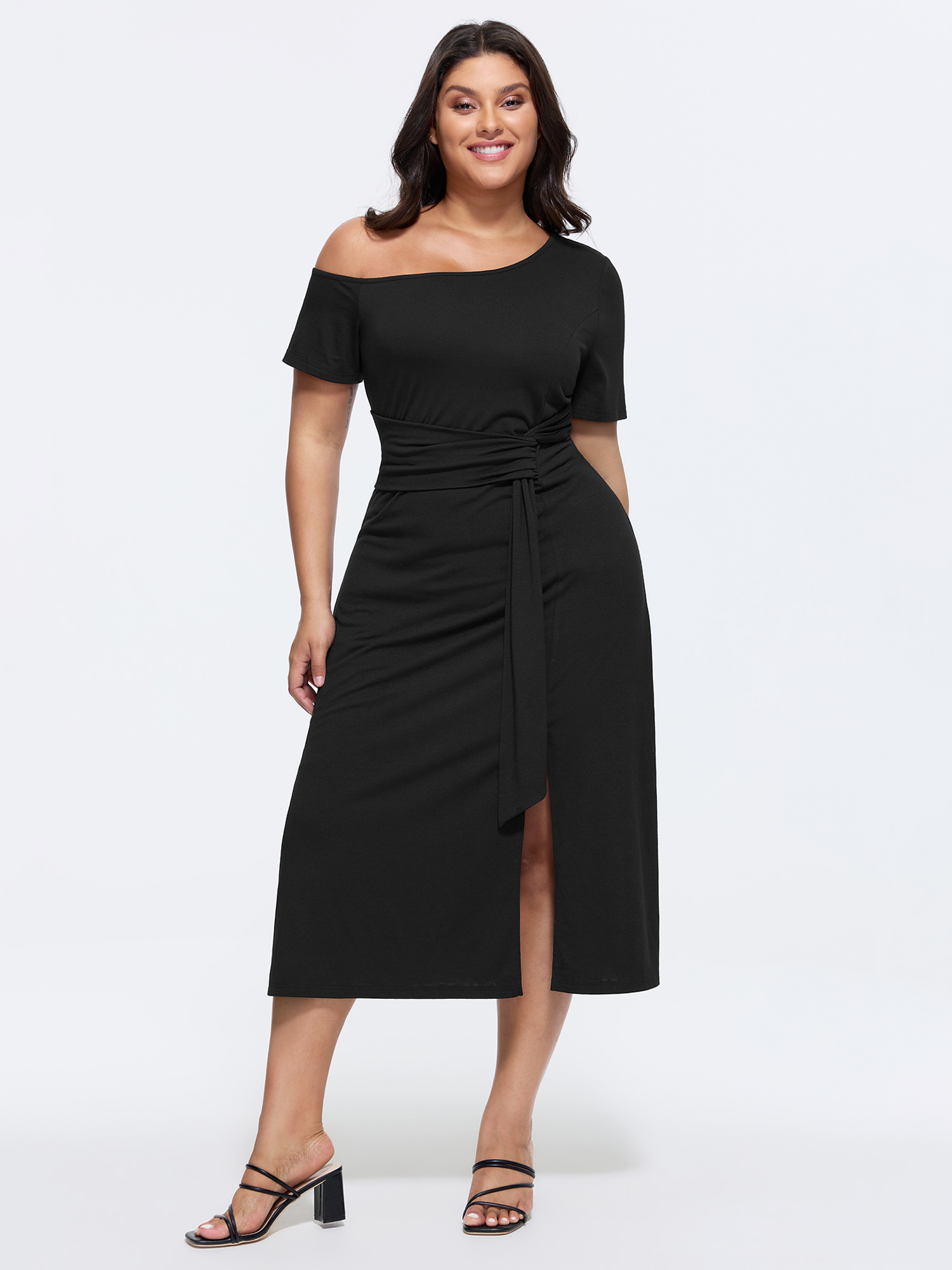 BloomChic Women's Plus Size Supersoft One-Shoulder Waist-Defining Midi Dress Black Solid Midi Everyday-Casual Cold Shoulder 14-16/1X