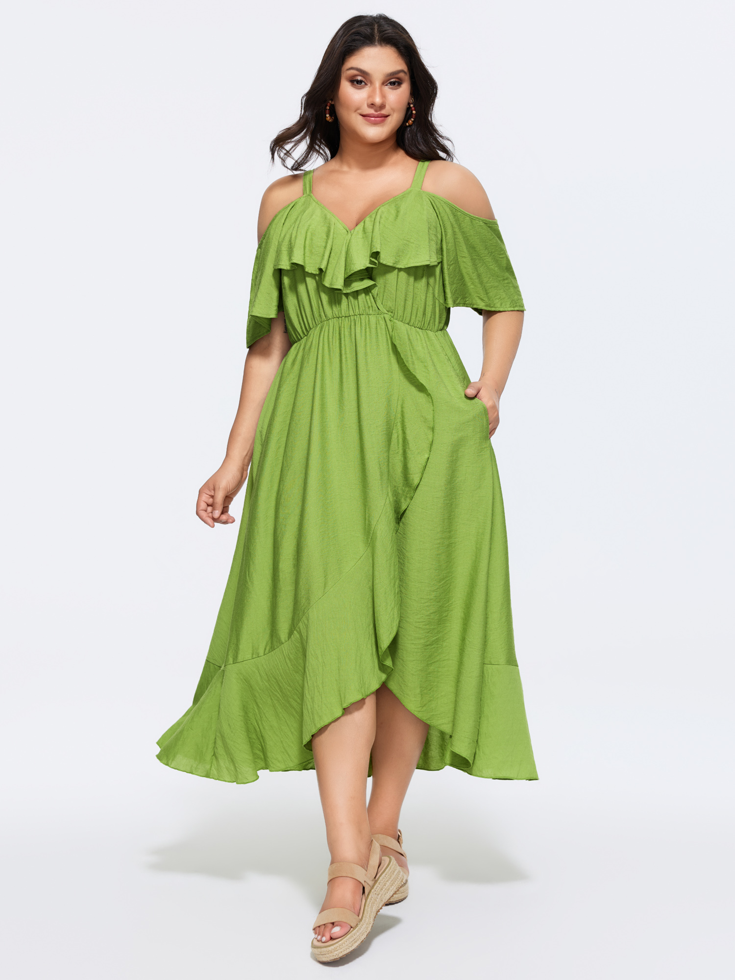 BloomChic Women's Plus Size Plain Ruffle Cold Shoulder Pocket Midi Dress SpringGreen Solid Midi Everyday-Elegant 10/M