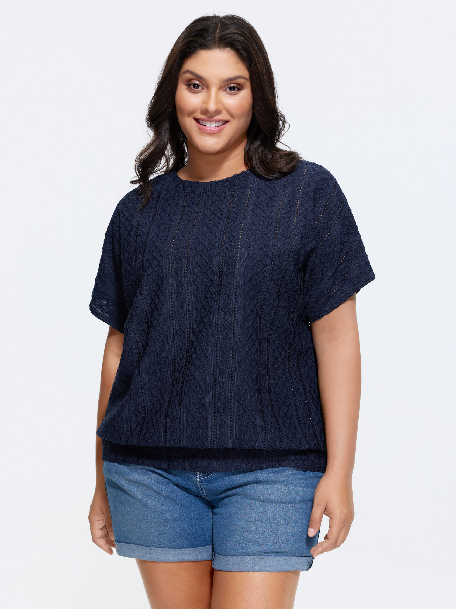 BloomChic Women's Plus Size Eyelet Trim Stretchy Textured Plain Top Indigo Short sleeve Everyday-Casual Round Neck 28/5X