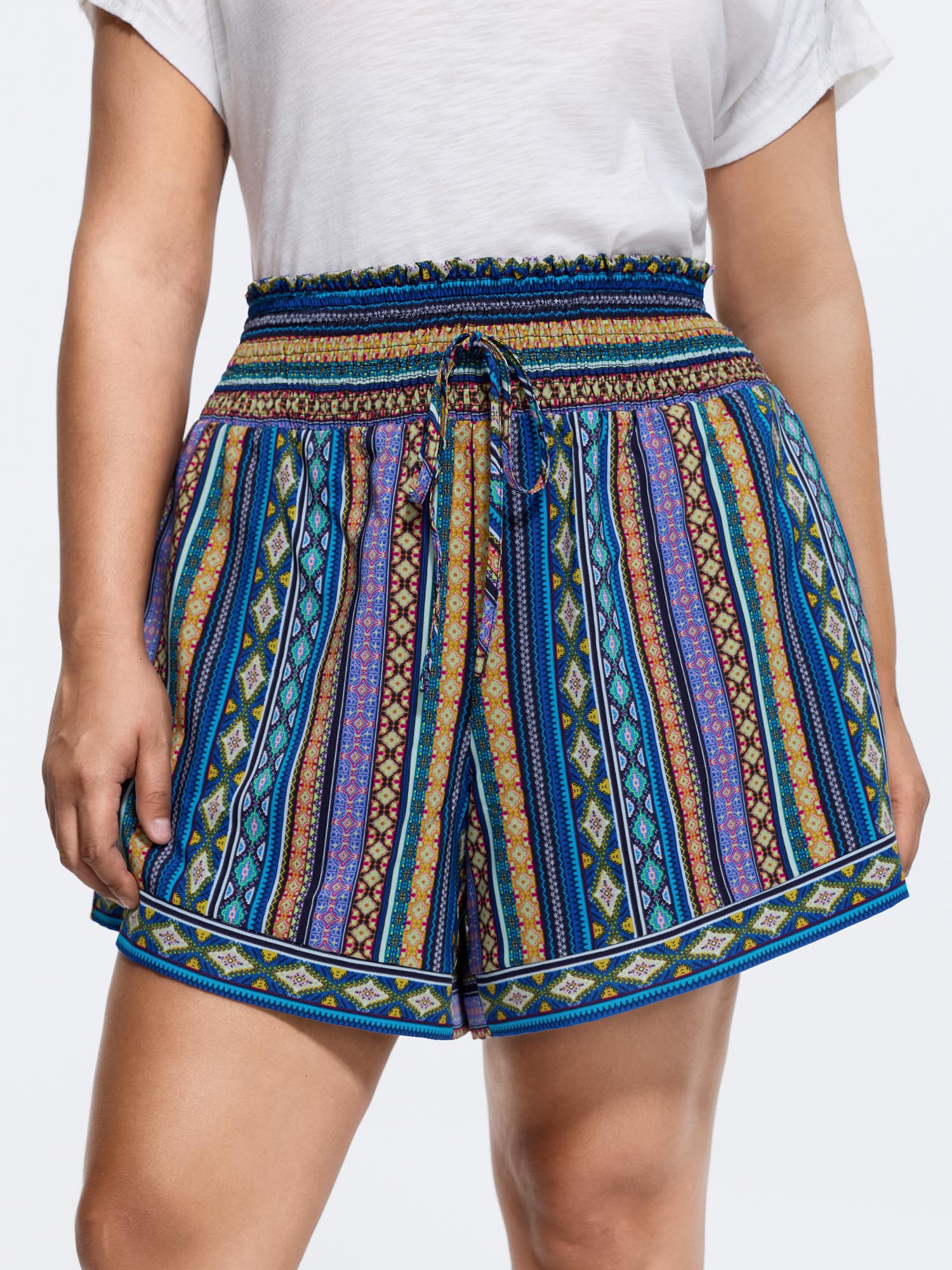 Bloomchic Geometric Striped Drawstring Waist Shorts In Darkblue