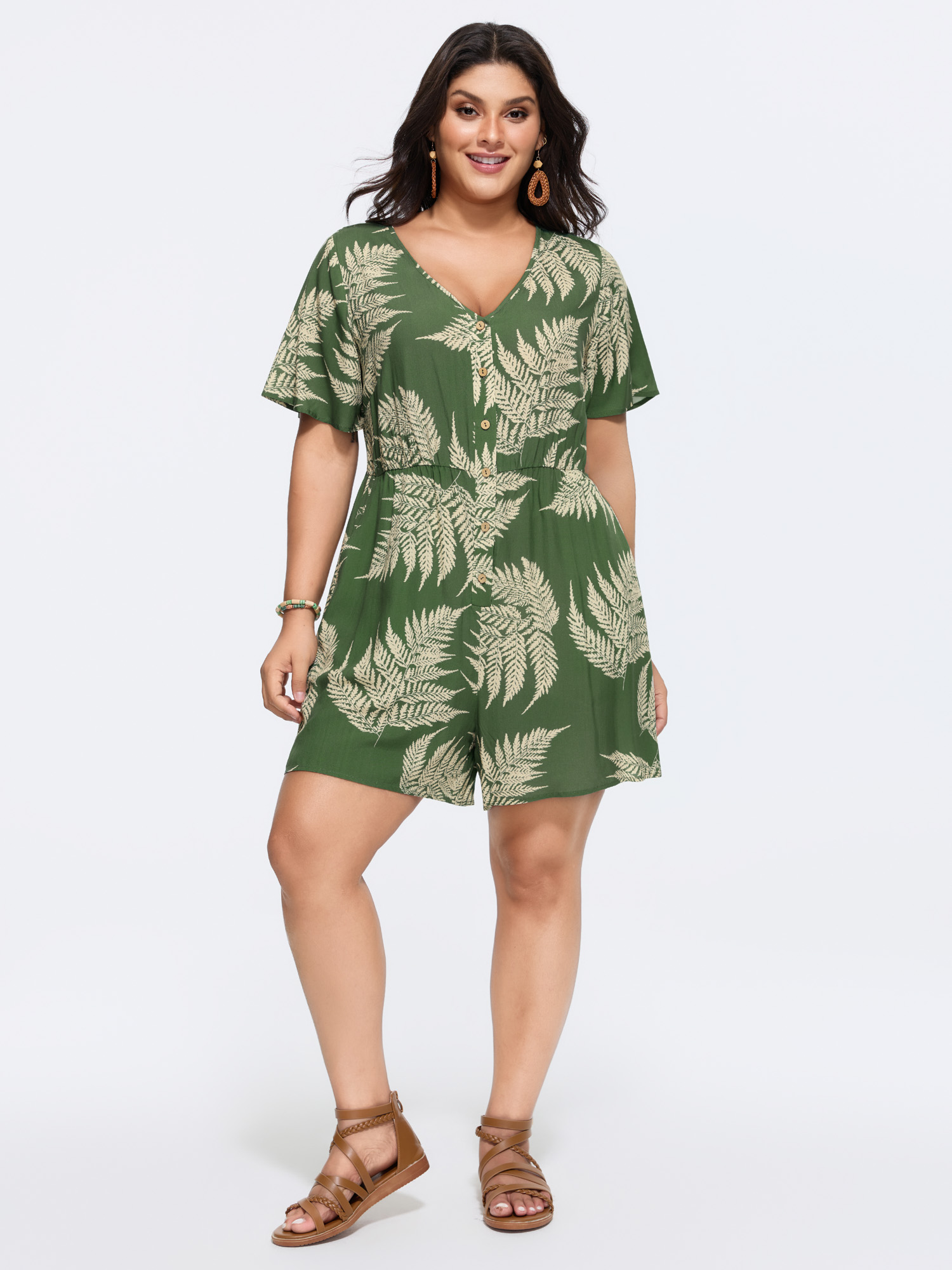 Side view of BloomChic Women's Plus Size Tropical Leaf Print Pockets Button Romper Moss not graphics Vacation No stretch 28/5X