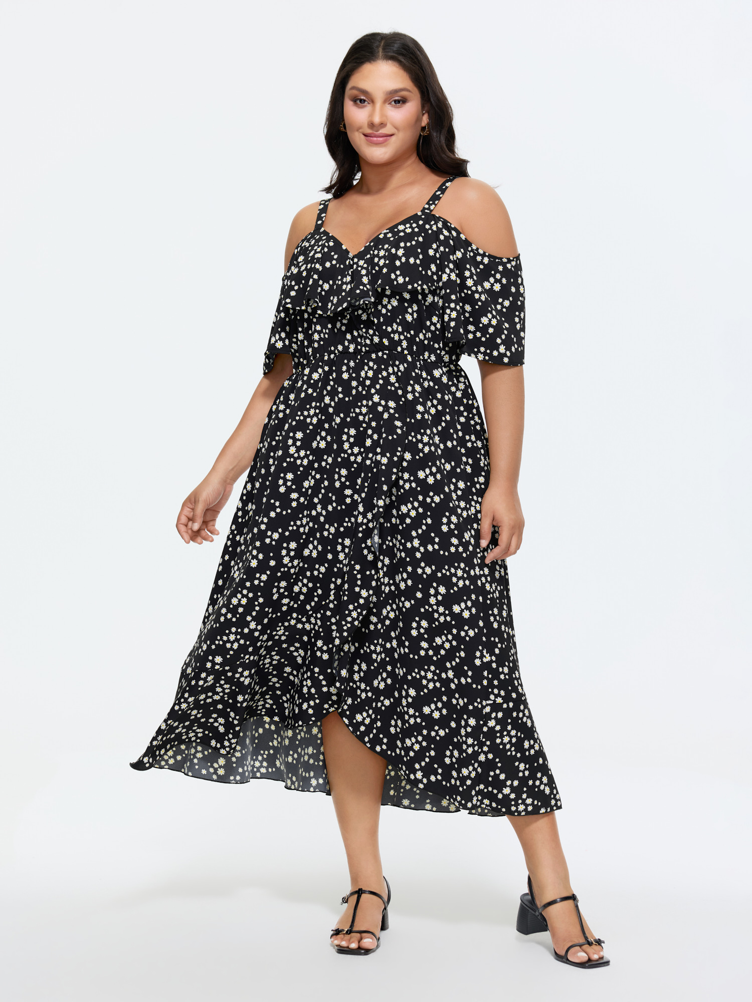 BloomChic Women's Plus Size Ditsy Floral Pocket Wrap Cold Shoulder Ruffle Dress BlackFlower Ditsy Floral Midi Everyday-Elegant Cold Shoulder 30/6X