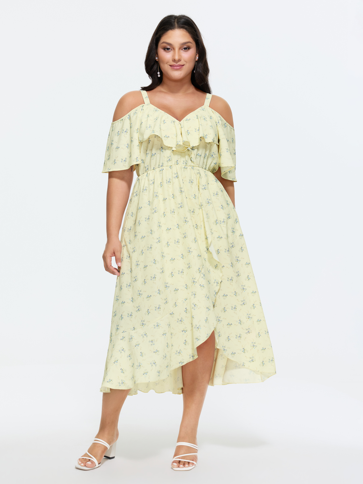 BloomChic Women's Plus Size Ditsy Floral Pocket Wrap Cold Shoulder Ruffle Dress Lightyellow Ditsy Floral Midi Everyday-Elegant Cold Shoulder 22-24/3X