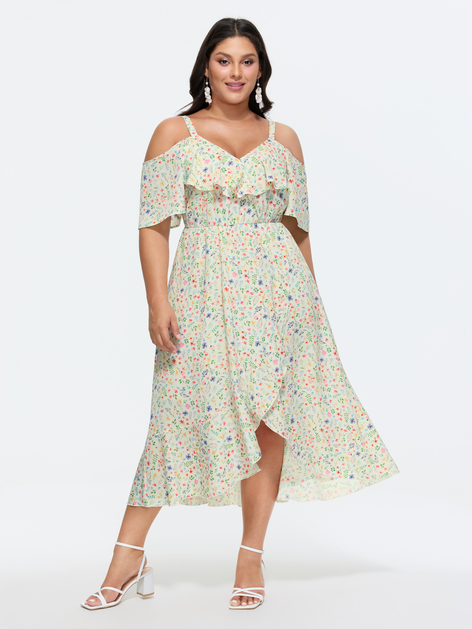 BloomChic Women's Plus Size Ditsy Floral Pocket Wrap Cold Shoulder Ruffle Dress Ivory Ditsy Floral Midi Everyday-Elegant Cold Shoulder 10/M