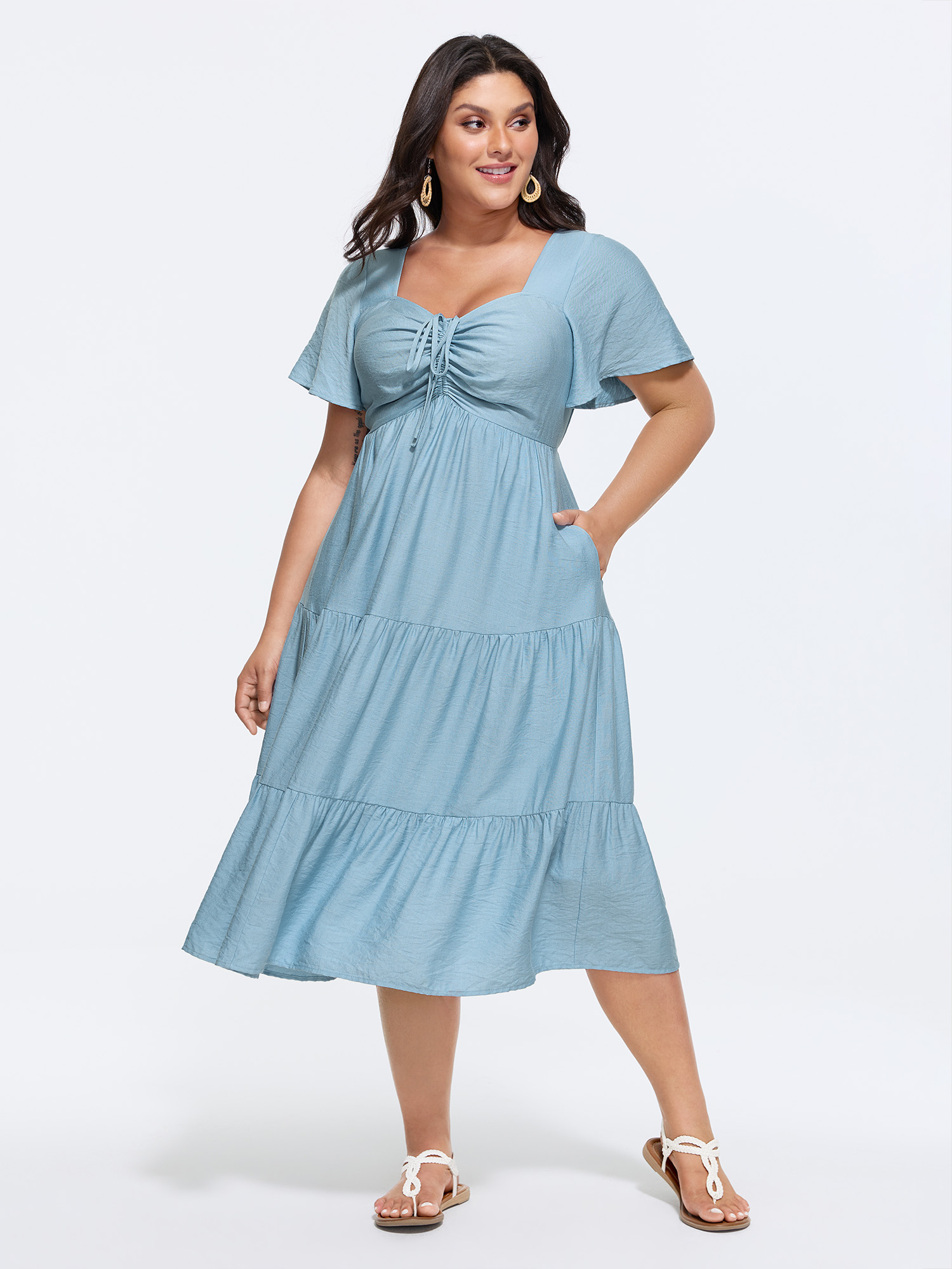 BloomChic Plus Size Sweetheart Drawstring Pocket Tiered Dress - Curve Ladies LightBlue Elegant Short sleeve Solid Daily Dresses 34/6X