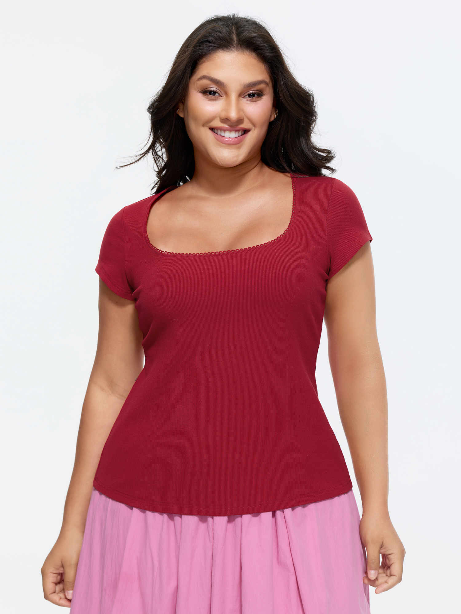 BloomChic Plus Size Supersoft Stretchy Scoop Neckline Plain T-Shirt - Women's Crimson Solid Round Neck Comfort Midsection Fit Long Sleeve Playful T-shirts 16/L