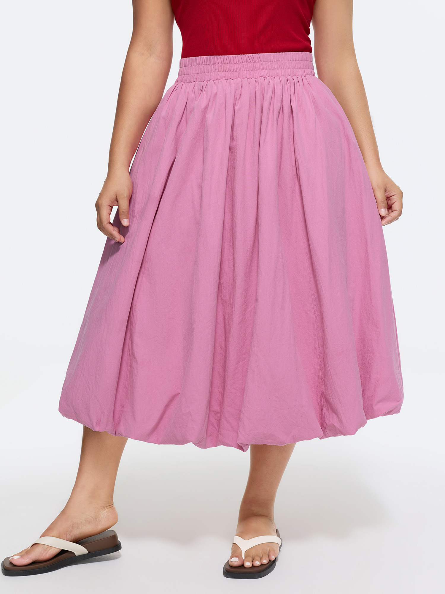 BloomChic Women's Plus Size Cotton Pockets Bubble Hem Midi Skirt Peach Smocked Bubble Casual 28/5X