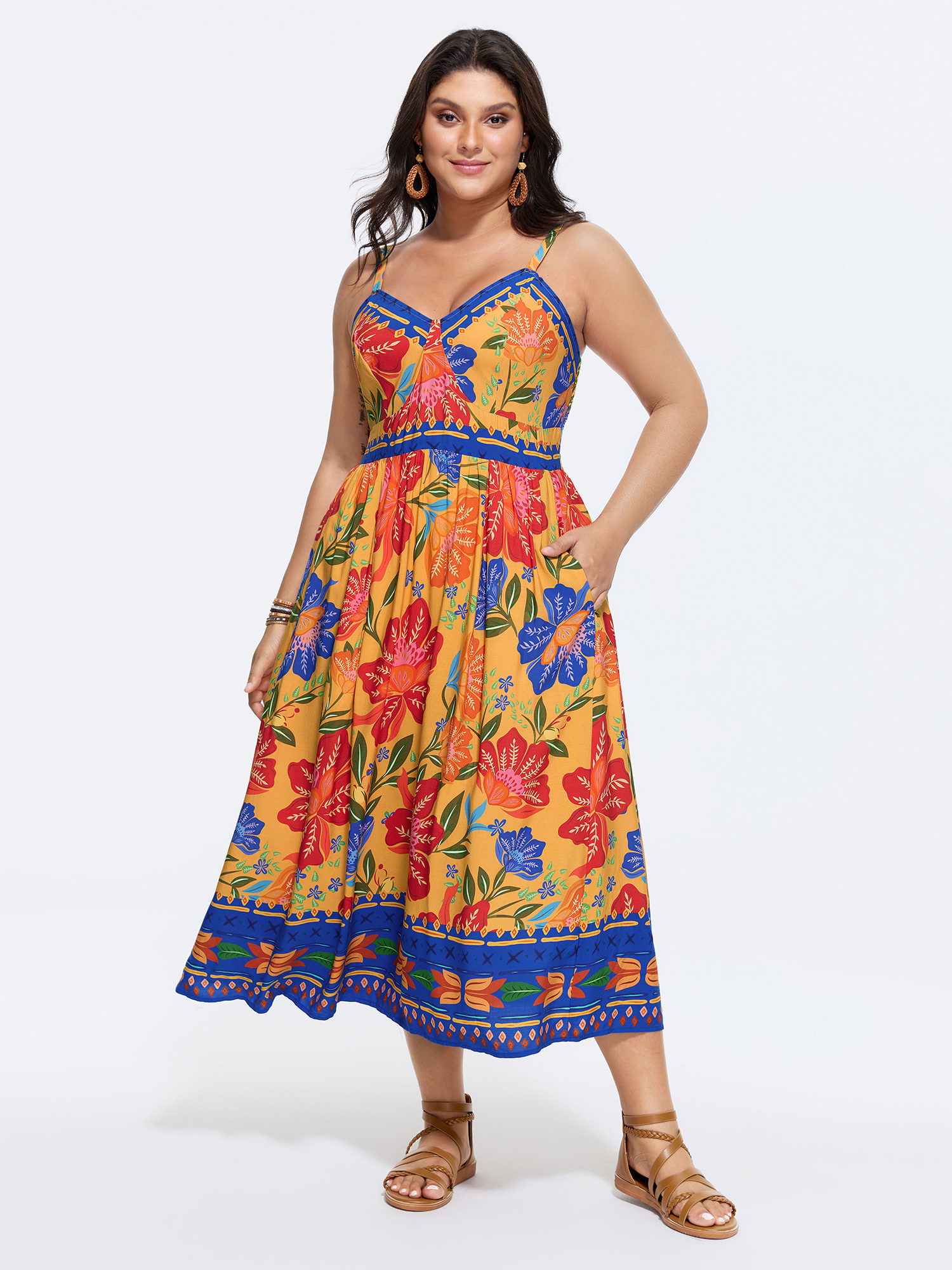 BloomChic Women's Plus Size Vibrant Floral Print Pockets Cami Midi Dress OrangeRed Floral Maxi Vacation Smocked 10/M